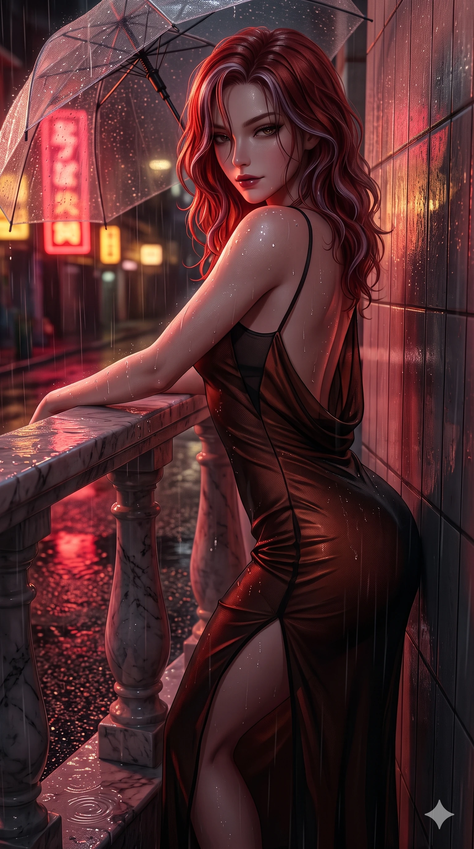 score_9, masterpiece, best quality, ultra-detailed, high-budget anime keyframe, semi-realistic 3D game render, editorial fashion photography, tasteful artistic composition, Caucasian woman. close-up cowboy shot from the waist and thighs up, the character dominates the composition, filling the frame with her large presence. resting one elbow on the marble balustrade while arching her spine with dancer poise, her dark bedroom-eyes casting a magnetic sidelong glance while leaning back against the rain-slicked tile wall with hips cocked back, looking through dark wet strands of hair with heavy-lidded bedroom-eyes. The surrounding environment is rendered in vivid detail and crisp panoramic clarity: sharp wet asphalt grit texture, rain droplets beading on the translucent umbrella canopy, and puddle ripple reflections in deep focus. She has an exceptionally elegant, slender, and willowy female figure with an ultra-slim waist, flat toned midriff, narrow ribcage, and sculpted feminine hips creating an alluring, slim hourglass silhouette without bulk. sharp v-shaped jawline, high-bridge nose, intricate jewel-like dark sparkling eyes with dangerous depth, thick curled eyelashes, glossy parted lips with a rich wine sheen, smoldering seductive half-smile with bedroom-eyes, exuding effortless superiority and intoxicating dark allure, flawlessly proportioned anatomical accuracy, strict slender model proportions, natural body alignment, perfectly sculpted long slender limbs, ultra-slim waistline, clean dynamic posture without body distortion. wearing a form-contouring gossamer silk chiffon slip dress with a hip-high slit and open cowl back clinging with rain-dew in dark burnt copper and matte black, woven from fine semi-opaque stretch illusion mesh tracing every contour of her figure, finished with glistening rain droplets beading across her sculpted shoulders and flat midriff, the impeccably tailored cut draping gracefully along her slender figure with aristocratic noir poise. bathed in intense saturated crimson and warm gold neon underlights contrasting with dark rain-soaked shadow tones. highly saturated vibrant anime colors, detailed shading with soft gradients, rich glossy textures, high-contrast stereoscopic depth, volumetric dynamic lighting, master piece, 9:16 ratio