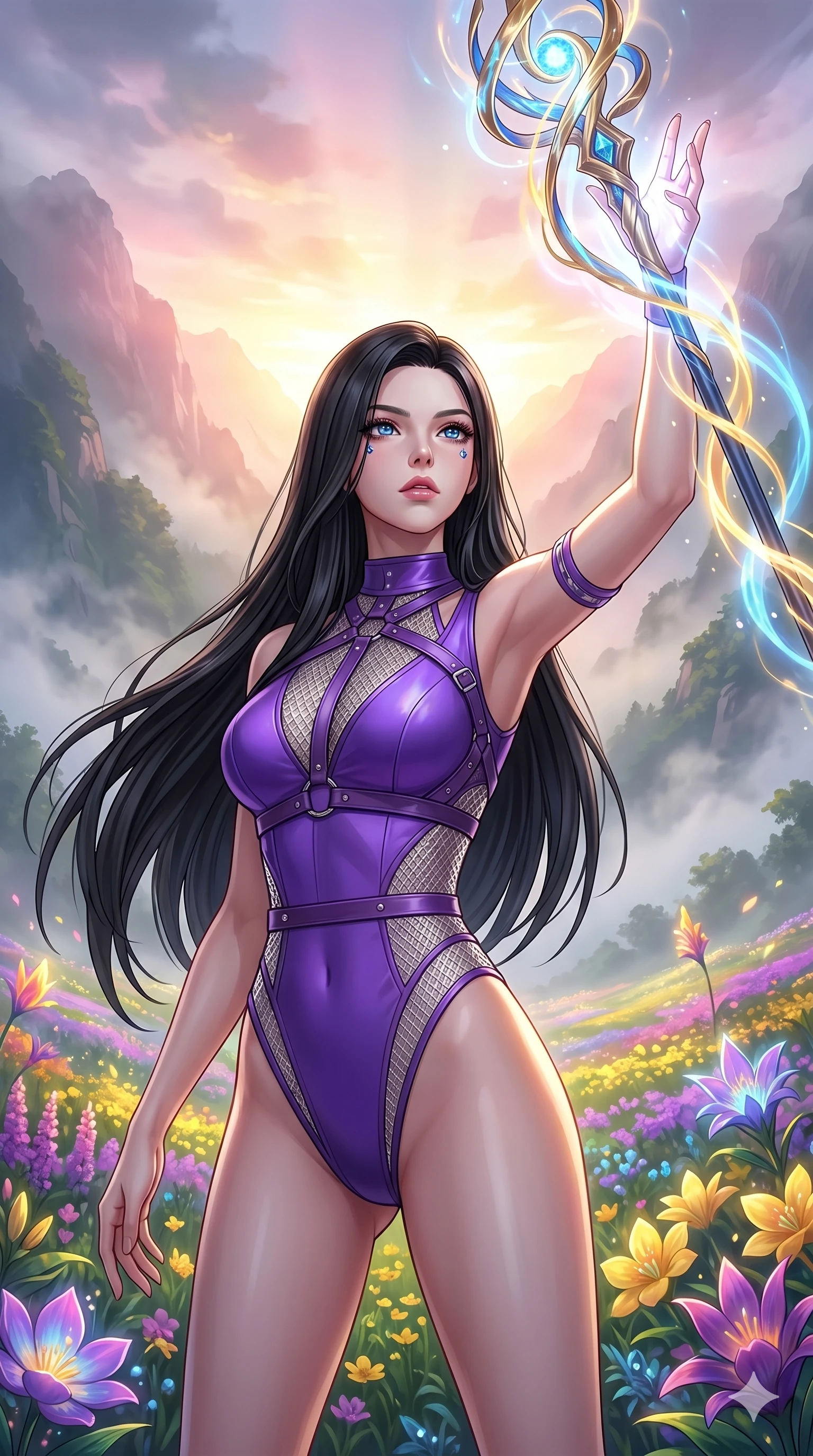 score_9, masterpiece, best quality, ultra-detailed, High-budget Anime Keyframe, beautiful Caucasian anime girl (strictly human ears). Upper body close-up from the thighs up, character filling the screen for maximum presence. Summoning a staff of light that clears the heavy fog in a mysterious misty valley at dawn. She has an absolutely perfect 8-heads proportion, an exceptionally tall and slender female figure with impossibly long slender legs and an ultra-slim waist. Sharp v-shaped jawline, high-bridge nose, intricate jewel-like eyes with depth, thick eyelashes, glossy lips with a natural sheen. Wearing a K-Idol Stage outfit: violet high-cut bodysuit with a leather harness and silver mesh details. Background is a bright and colorful valley with glowing flowers and vibrant morning light. 2k, ultra detail, master piece, 9:16 ratio