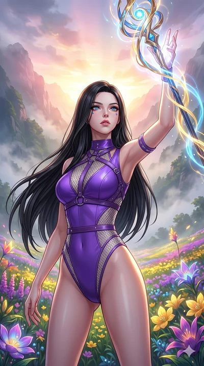 score_9, masterpiece, best quality, ultra-detailed, High-budget Anime Keyframe, beautiful Caucasian anime girl (strictly human ears). Upper body close-up from the thighs up, character filling the screen for maximum presence. Summoning a staff of ligh