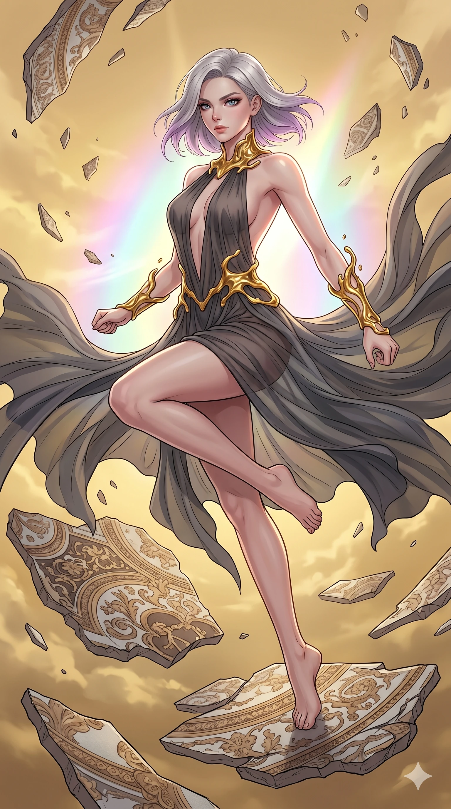 score_9, masterpiece, best quality, ultra-detailed, high-budget anime keyframe, Caucasian woman, strictly human ears. upper body close-up from the thighs up, character filling the screen for maximum presence. propelling herself off digital baroque ceiling fresco shards that float and reassemble in a golden sky. She has an absolutely perfect 8-heads proportion, an exceptionally tall and slender female figure with impossibly long slender legs and an ultra-slim waist. V-shaped jawline, high-bridge nose, intricate jewel-like eyes with depth, thick eyelashes, glossy lips with a natural sheen.. wearing a molten gold and chiffon gown, featuring organic liquid gold collar and cuffs on a translucent charcoal-gray halter neck chiffon gown with a deep backless design. enhanced by a luminous pastel spectrum glow, casting elegant rim lights on her shoulders and jawline. 2k, ultra detail, master piece, 9:16 ratio
