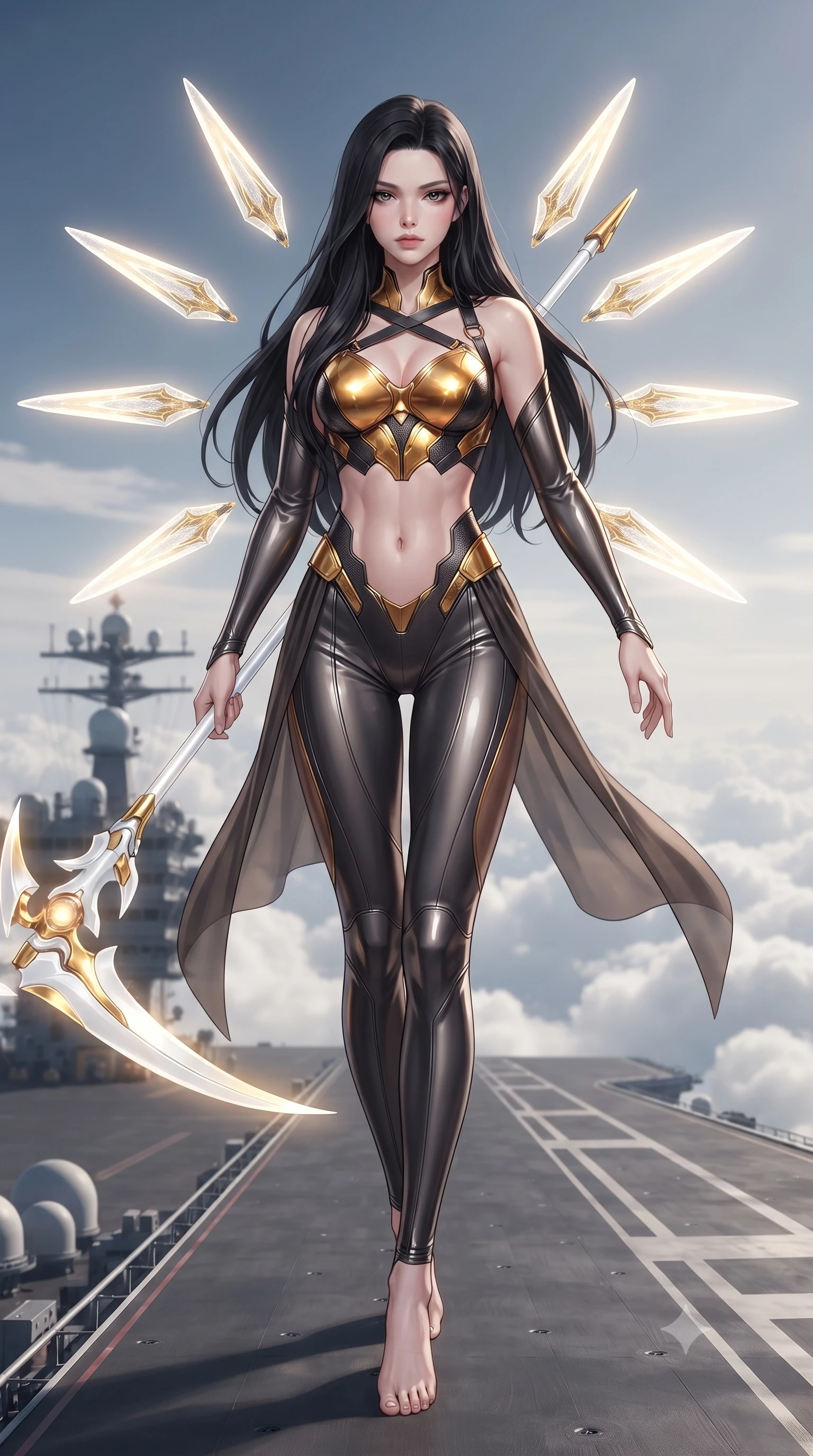 score_9, masterpiece, best quality, ultra-detailed, high-budget anime keyframe, editorial fashion photography, tasteful artistic composition, Korean woman. low angle full-body shot from head to toe showing her feet, filling the entire 9:16 vertical frame with her statuesque presence, stretching her vertical silhouette. pivoting dynamically in mid-motion with a breathtakingly alluring posture, displaying her flawless model proportions, toned flat midriff, and ultra-slim waist while striding commanding down the flight deck of a flying super-carrier above the clouds as eight floating nano-crystal funnel blades orbit her. The composition keeps background elements in soft focus with creamy bokeh. carrier deck catapult tracks and radar radomes softened in luminous shallow depth of field. She has an absolutely perfect, statuesque 8.5-heads proportion, an exceptionally tall and slender model-like female figure with impossibly long slender legs, a toned flat midriff, and an ultra-slim waist. sharp v-shaped jawline, high-bridge nose, intricate jewel-like eyes with depth, thick eyelashes, glossy lips with a natural sheen, flawlessly proportioned anatomical accuracy, strict slender model proportions, natural body alignment, perfectly sculpted long slender limbs, ultra-slim waistline, clean dynamic posture without body distortion. wearing a sculpted molten-gold and dark carbon cuirass paired with high-mobility combat leggings and sheer side drapes, wielding a glowing plasma energy scythe with fluid grace in arctic white carbon composite with radiant solar gold plating, formed from high-gloss patent carbon-plating with specular chiaroscuro reflections, complemented by criss-cross back harness straps highlighting her completely bare spine, the form-contouring material adhering flawlessly to her sculpted flat midriff and slender torso, emphasizing her long leg lines and perfectly proportioned willowy build. surrounded by an elevated, supreme, and radiantly commanding aerospace goddess aura. ultra-reflective glossy finish, specular highlights, dark metallic sheen, high-contrast stereoscopic depth, volumetric dynamic lighting, 2k, ultra detail, master piece, 9:16 ratio