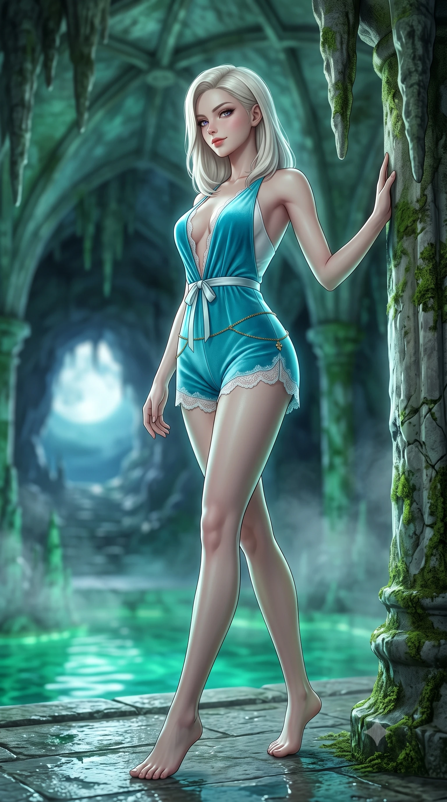score_9, masterpiece, best quality, ultra-detailed, high-budget anime keyframe, semi-realistic 3D game render, editorial fashion photography, tasteful artistic composition, Caucasian woman. low angle full-body shot from head to toe showing her feet, filling the entire 9:16 vertical frame with her statuesque presence, stretching her vertical silhouette. walking along the terrace with poise, looking back over her bare shoulder with an irresistible smoldering bedroom-gaze while leaning against the ancient limestone stalactite column with hips cocked back, looking back through aquatic mist with an alluring, smoldering gaze. The background shows a soft-focus soaring vaulted sea cave roof with dripping stalactites, glowing emerald subterranean water basin, and moonlit cave entrance blurred into seafoam, jade, and obsidian bokeh. She has an absolutely perfect, statuesque 8.5-heads proportion, an exceptionally tall and slender model-like female figure with impossibly long slender legs, an ultra-slim waist, a flat toned midriff, narrow delicate ribcage, and beautifully sculpted feminine hips creating a graceful, slim hourglass silhouette without any bulky heaviness. sharp v-shaped jawline, high-bridge nose, sparkling eyes with hypnotic seductive depth, thick curled eyelashes, glossy parted lips with a natural dewy peach sheen, alluring bedroom-eyes with an enchanting coquettish smile, exuding magnetic siren charisma and sophisticated glamour, flawlessly proportioned anatomical accuracy, strict slender model proportions, natural body alignment, perfectly sculpted long slender limbs, ultra-slim waistline, clean dynamic posture without body distortion. wearing a plunge-neck stretch velvet romper with scalloped eyelash-lace hems and a cinched waist ribbon in Capri turquoise and pure pearl white, tailored from fine structural neoprene with crisp architectural edges and smooth contouring, accented with a dainty gold belly chain resting across her flat midriff and curving hips, the glove-like clinging cut tightly following the natural contour of her hips and long slender legs with youthful 8.5-heads elegance. illuminated by subterranean water reflection bounce and sharp icy-platinum rim lights defining her delicate clavicles, narrow waist, and curvy hips. highly saturated vibrant anime colors, detailed shading with soft gradients, rich glossy textures, high-contrast stereoscopic depth, volumetric dynamic lighting, master piece, 9:16 ratio
