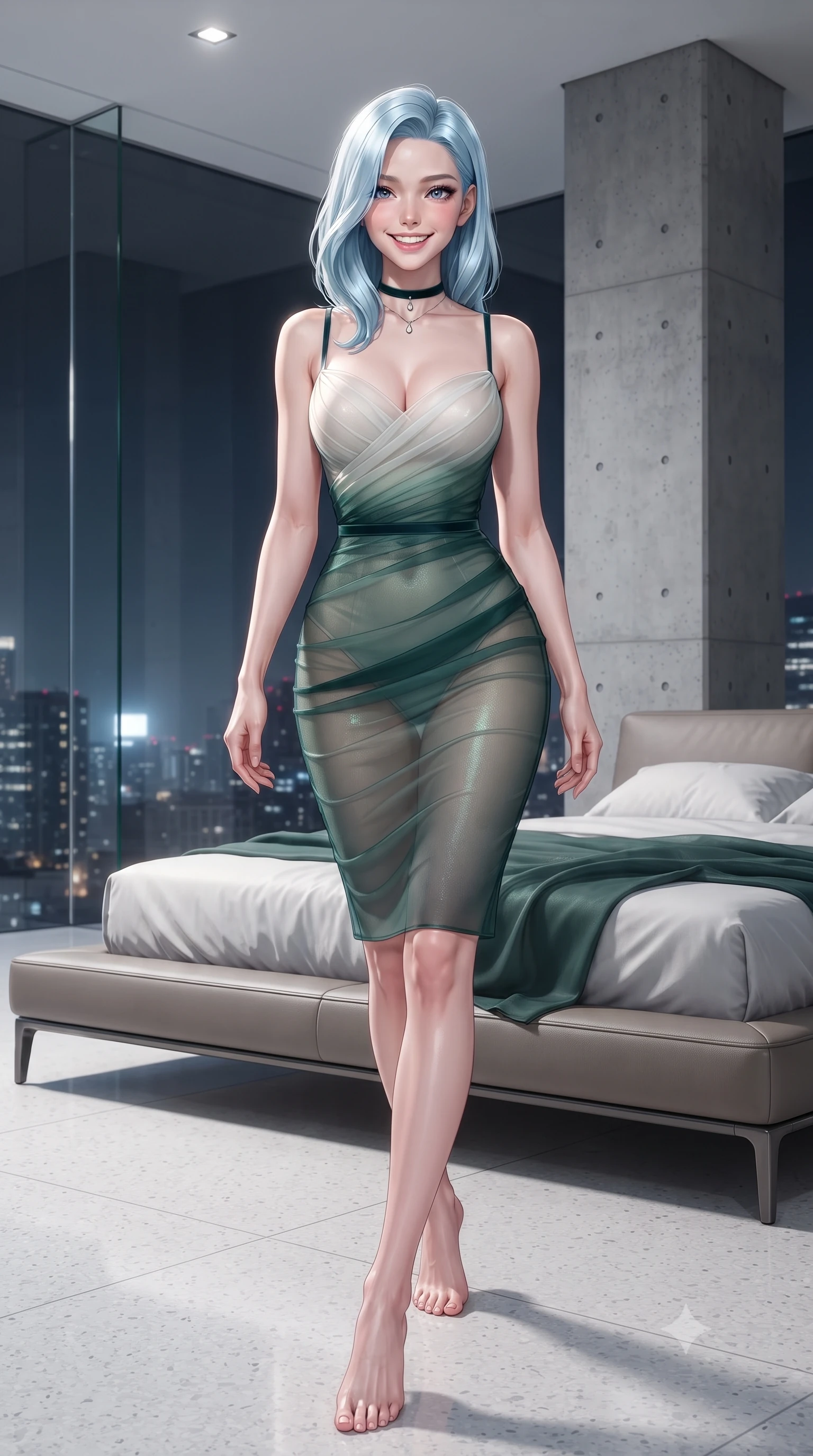 score_9, masterpiece, best quality, ultra-detailed, high-budget anime keyframe, editorial fashion photography, tasteful artistic composition, Korean woman. low angle full-body shot from head to toe showing her feet, filling the entire 9:16 vertical frame with her statuesque presence, stretching her vertical silhouette. stepping slowly toward the camera with hypnotic grace, hips swaying in an alluring sensual rhythm that accentuates her curvy hourglass silhouette and long slender legs while lounging in the modern low-slung Italian leather platform bed propped on one elbow, her statuesque 8.5-heads silhouette commanding the nocturnal horizon. The surrounding environment is rendered in vivid detail and crisp panoramic clarity: sharp frameless structural glass corner joins, honed concrete pillar textures, and polished white terrazzo floor in deep focus. She has an exceptionally tall and slender model-like 8.5-heads proportion, an ultra-slim waist, a flat toned midriff, narrow delicate ribcage, and beautifully sculpted feminine hips creating a graceful, slim hourglass silhouette without any bulky heaviness, with impossibly long slender legs. sharp v-shaped jawline, high-bridge nose, intricate jewel-like sparkling eyes with depth, thick eyelashes, glossy parted lips with a natural peach sheen, bright cheerful beaming smile with an enchanting and coquettish sensual glint, exuding both youthful cute charm and seductive allure, flawlessly proportioned anatomical accuracy, strict slender model proportions, natural body alignment, perfectly sculpted long slender limbs, ultra-slim waistline, clean dynamic posture without body distortion. wearing a provocative semi-sheer tulle cocktail dress with velvet ribbon piping contouring her narrow waist and hips in Namsan moonlit mist ivory and jade pine green, crafted from translucent silk organza with an ethereal crystalline sheen, finished with a thin velvet ribbon choker and a single teardrop diamond pendant, the form-contouring silhouette accentuating her sculpted flat midriff, narrow delicate ribcage, and gracefully curvy hips with intoxicating allure. illuminated by city glow upward fill and razor-sharp platinum rim lights defining her dewy collarbones, ultra-slim waist, and curvy hips. ultra-reflective glossy finish, specular highlights, rich textural contrasts, high-contrast stereoscopic depth, volumetric dynamic lighting, 2k, ultra detail, master piece, 9:16 ratio