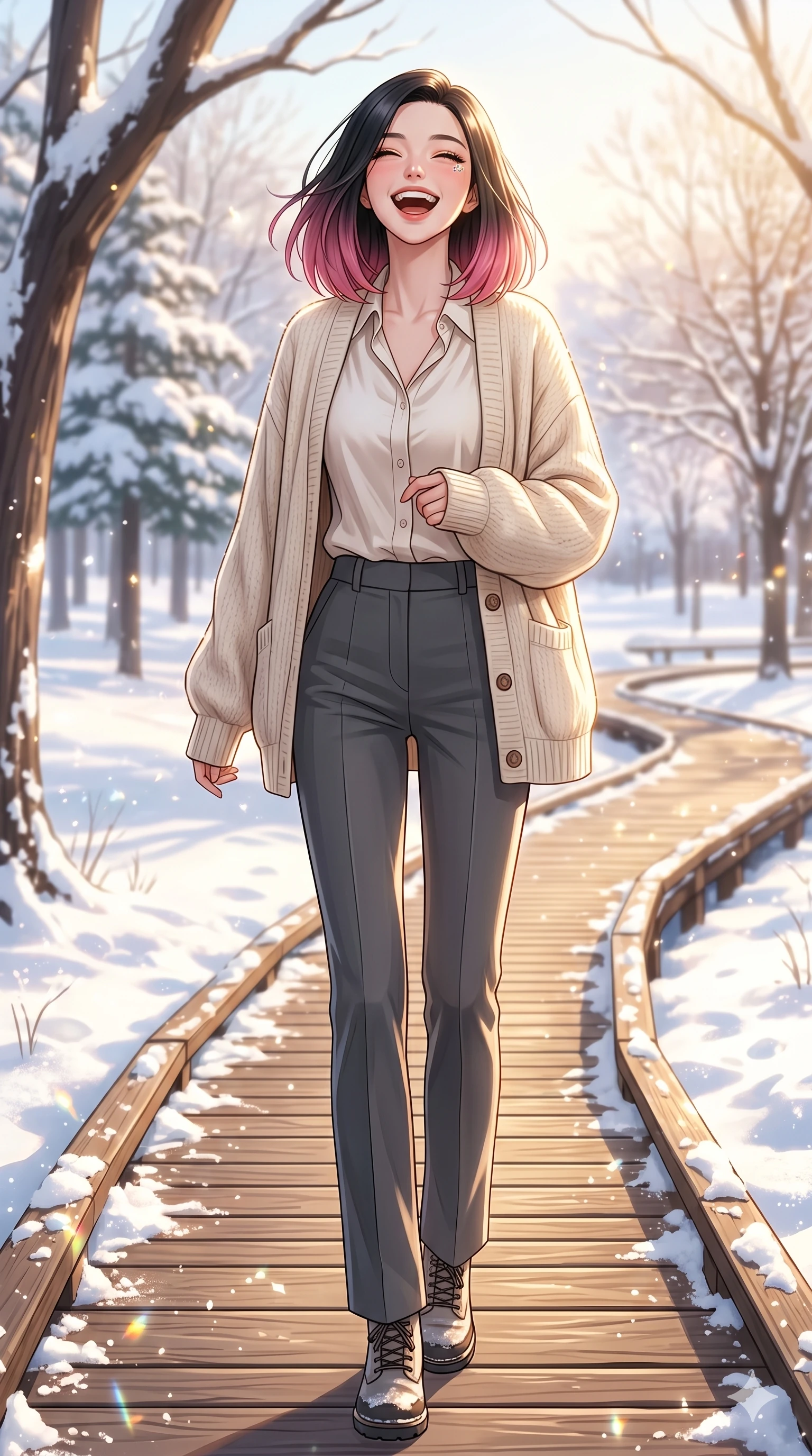 score_9, masterpiece, best quality, ultra-detailed, high-budget anime keyframe, vibrant anime aesthetic, Korean woman. low angle full-body shot from head to toe showing her feet, filling the entire 9:16 vertical frame with her statuesque presence, stretching her vertical silhouette. She is tossing her head back with a joyful laugh, her lips curved into a warm smile in the snow on a wooden boardwalk winding through a sunlit winter park with sparkling snow (Code-P21-015). She has an absolutely perfect 8-heads proportion, an exceptionally tall and slender female figure with impossibly long slender legs and an ultra-slim waist. V-shaped jawline, high-bridge nose, intricate jewel-like eyes with depth, thick eyelashes, glossy lips with a natural sheen. wearing a cozy wool cardigan over a silk shirt and straight-leg trousers. She is drenched in warm morning winter sunshine, tracing the elegant lines of her shoulders. 2k, ultra detail, master piece, 9:16 ratio