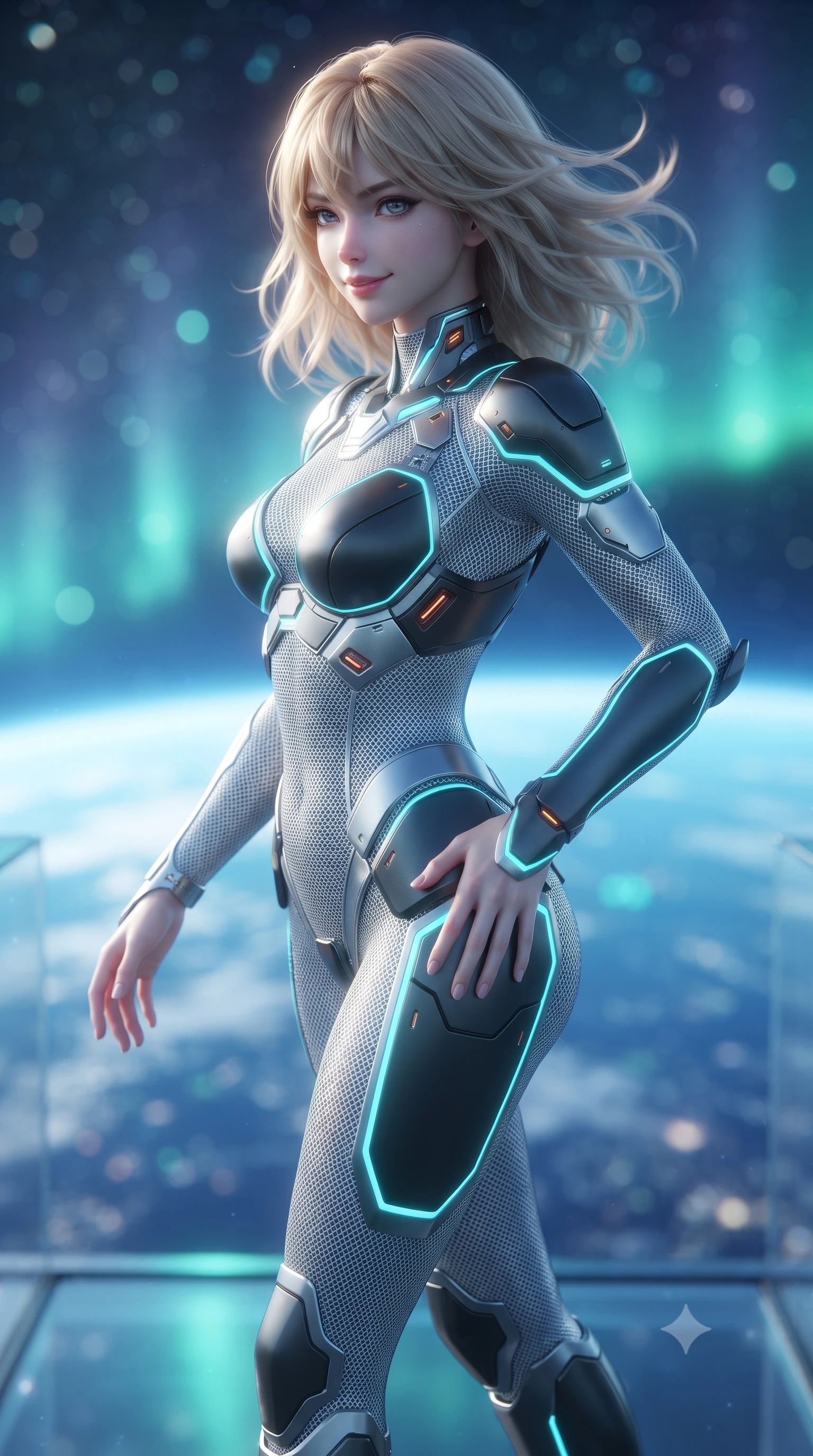 score_9, masterpiece, best quality, ultra-detailed, high-budget anime keyframe, editorial fashion photography, tasteful artistic composition, Japanese woman. close-up cowboy shot from the waist and thighs up, the character dominates the composition, filling the frame with her large presence. twisting her slender torso in an alluring contrapposto stance, one hand resting on her sculpted hip armor while glancing back with effortless sovereign poise while walking slowly along the frameless glass skybridge suspended miles above Earth, looking back over her shoulder with an air of effortless grace and a teasing smile. The background shows a soft-focus the luminous blue curvature of Earth and shimmering emerald polar auroras blurred into sapphire, turquoise, and starlight bokeh. She has an exceptionally elegant, slender, and willowy female figure with an ultra-slim waist, flat toned midriff, narrow ribcage, and sculpted feminine hips creating an alluring, slim hourglass silhouette without bulk. sharp v-shaped jawline, high-bridge nose, intricate jewel-like sparkling eyes with depth, thick eyelashes, glossy parted lips with a natural sheen, bright confident smile with an enchanting and coquettish sensual glint, exuding both youthful magnetic charm and sovereign high-tech allure, flawlessly proportioned anatomical accuracy, strict slender model proportions, natural body alignment, perfectly sculpted long slender limbs, ultra-slim waistline, clean dynamic posture without body distortion. wearing a form-contouring delicate silver nano-mesh bodysuit with strategically placed chrome armor plate guards covering key curves in matte obsidian black and glowing neon cyan trim, tailored from brushed aeronautical titanium alloy with matte satin sheen, accented with subtle hexagonal heat-sink vents glowing with dim orange thermal heat, the form-fitting tactical tailoring adhering flawlessly to her sculpted flat midriff and slender torso, emphasizing her long leg lines and perfectly proportioned willowy build. bathed in soft celestial starlight and radiant emerald aurora glow from below. ultra-reflective glossy finish, specular highlights, rich textural contrasts, high-contrast stereoscopic depth, volumetric dynamic lighting, 2k, ultra detail, master piece, 9:16 ratio