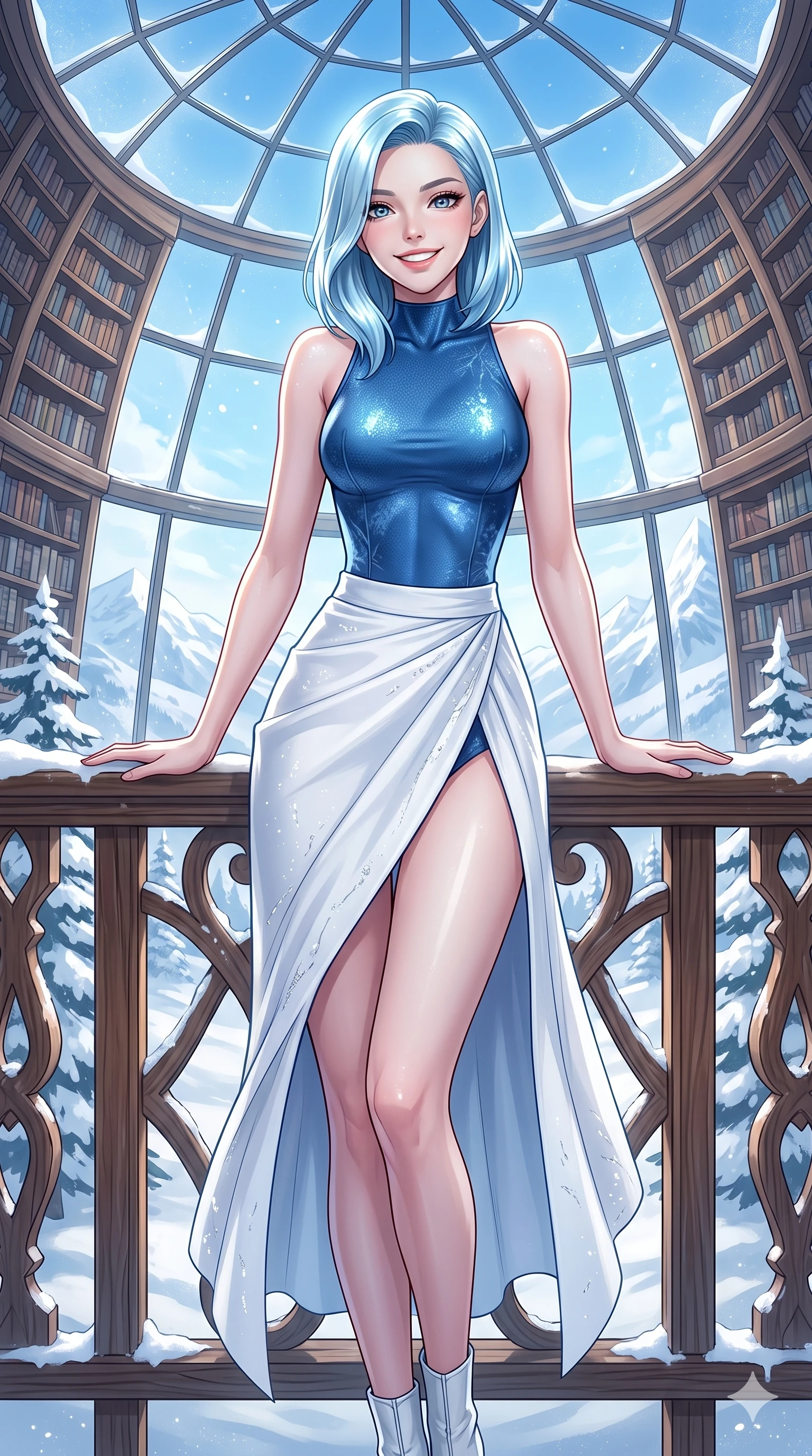 score_9, masterpiece, best quality, ultra-detailed, high-budget anime keyframe, vibrant anime aesthetic, Korean woman. cowboy shot from the thighs up, character and outfit filling the frame for maximum presence. She is leaning on a chalet rail, looking at the viewer with a bright, joyful winter smile inside an elegant glass dome library in the winter morning (Code-P21-103). She has an absolutely perfect 8-heads proportion, an exceptionally tall and slender female figure with impossibly long slender legs and an ultra-slim waist. V-shaped jawline, high-bridge nose, intricate jewel-like eyes with depth, thick eyelashes, glossy lips with a natural sheen. wearing a bodycon leotard with high-slit wrap skirt in snow. She is drenched in bright afternoon winter sun, highlighting the glossy textures of her outfit. 2k, ultra detail, master piece, 9:16 ratio