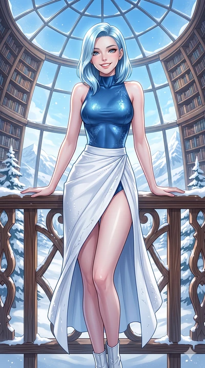 score_9, masterpiece, best quality, ultra-detailed, high-budget anime keyframe, vibrant anime aesthetic, Korean woman. cowboy shot from the thighs up, character and outfit filling the frame for maximum presence. She is leaning on a chalet rail, looki
