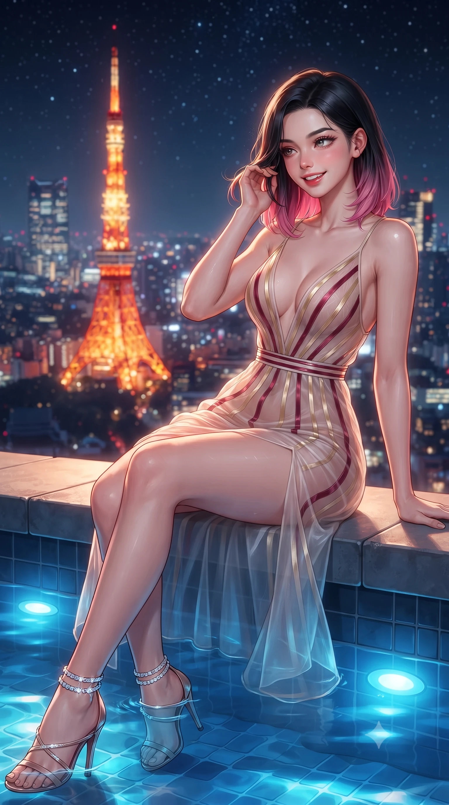 score_9, masterpiece, best quality, ultra-detailed, high-budget anime keyframe, editorial fashion photography, tasteful artistic composition, Korean woman. close-up cowboy shot from the waist and thighs up, the character dominates the composition, filling the frame with her large presence. gently brushing a lock of hair behind her ear while casting a playful, flirtatious side-gaze with long eyelashes while lounging in the heated water propped on the pool rim with legs extended, her statuesque 8.5-heads silhouette commanding the sprawling urban panorama. The background shows a soft-focus iconic glowing orange and red lattice of Tokyo Tower, endless carpet of glittering Tokyo skyscrapers, and starry midnight sky blurred into crimson, topaz, and sapphire bokeh. She has an exceptionally elegant, slender, and willowy female figure with an ultra-slim waist, flat toned midriff, narrow ribcage, and sculpted feminine hips creating an alluring, slim hourglass silhouette without bulk. sharp v-shaped jawline, high-bridge nose, intricate jewel-like sparkling eyes with depth, thick eyelashes, glossy parted lips with a natural peach sheen, bright cheerful beaming smile with an enchanting and coquettish sensual glint, exuding both youthful cute charm and seductive allure, flawlessly proportioned anatomical accuracy, strict slender model proportions, natural body alignment, perfectly sculpted long slender limbs, ultra-slim waistline, clean dynamic posture without body distortion. wearing a plunge-front sheer illusion tulle slip dress with liquid gold ribbon stripes hugging her curves in Belvedere ivory pearl and Habsburg bordeaux wine, crafted from translucent silk organza with an ethereal crystalline sheen, complemented by strappy stiletto sandals with crystal ankle wraps accentuating her slender calves, the bespoke structured tailoring following the natural line of her 8.5-heads silhouette with refined elegance. bathed in the dynamic warm glow of Tokyo Tower combined with underwater pool sapphire LEDs and warm 2800K deck spotlights. ultra-reflective glossy finish, specular highlights, rich textural contrasts, high-contrast stereoscopic depth, volumetric dynamic lighting, 2k, ultra detail, master piece, 9:16 ratio