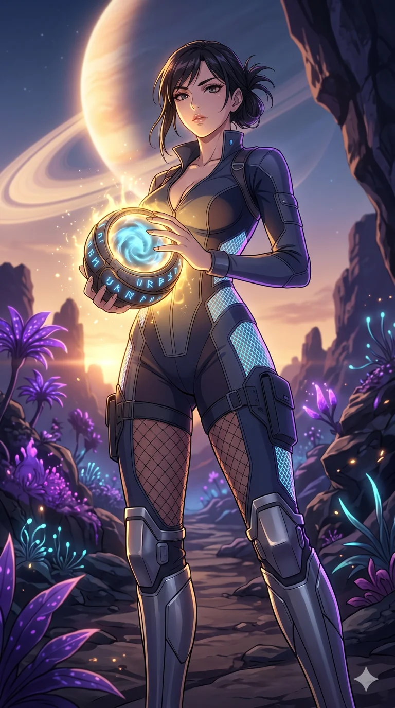 score_9, masterpiece, best quality, ultra-detailed, High-budget Anime Keyframe, vibrant colors, fluid line-art, expressive lighting, cinematic composition, Ufotable-style visual effects, top-tier animation quality, Japanese woman with delicate and elegant anime-inspired features. Dramatic low angle looking up at her majestic stature, dominating the vertical space of the composition. Holding a glowing ancient orb that reveals a flickering vision of the future, its light illuminating her determined face. She has an absolutely perfect 8-heads proportion, an exceptionally tall and slender female figure with impossibly long slender legs and an ultra-slim waist, her statuesque height and towering silhouette dominating the vertical 9:16 frame. Her face is a masterpiece featuring a sharp v-shaped jawline, high-bridge nose, intricate jewel-like eyes with depth, thick eyelashes, and glossy lips with a natural sheen. She is wearing a Sci-fi pilot flight suit with an open collar and strategically placed mesh panels crafted from Fluorescent mesh that glows brightly under neon light, highlighting her silhouette, accompanied by sensual fishnet stockings and thigh-high metallic boots. The scene is set in a mysterious alien planet with bioluminescent purple flora and a giant ringed planet in the sky, illuminated by golden hour sunlight that gives her skin a warm, radiant glow. 2k, ultra detail, master piece, 9:16 ratio