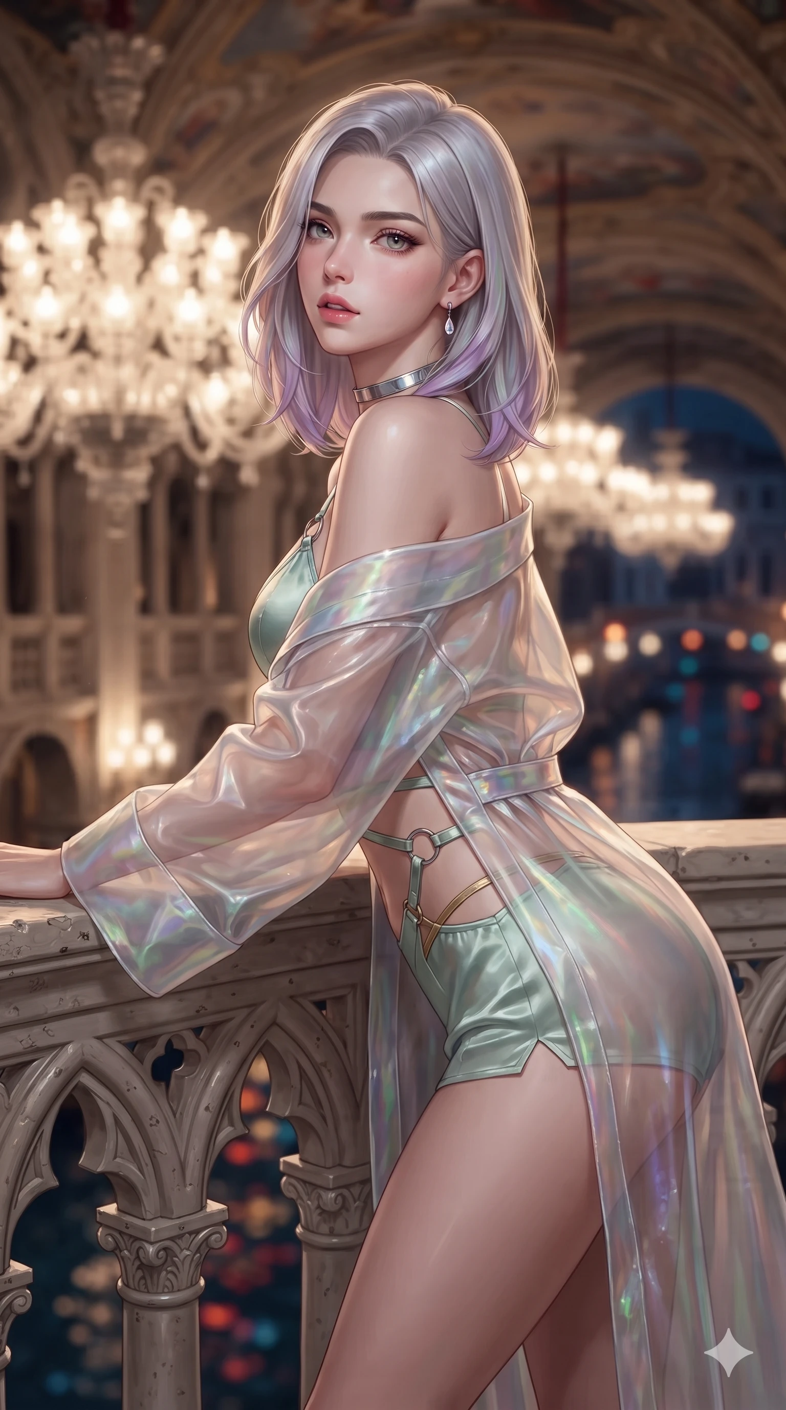 score_9, masterpiece, best quality, ultra-detailed, high-budget anime keyframe, editorial fashion photography, tasteful artistic composition, Caucasian woman. close-up cowboy shot from the waist and thighs up, the character dominates the composition, filling the frame with her large presence. leaning forward over the carved stone gothic balustrade, looking back with sleepy seductive bedroom-eyes as water reflections dance across her silhouette while standing poised at the threshold between the illuminated grand ballroom and the midnight terrace, arching her spine with sovereign glamour as crystal chandeliers sparkle above. The background shows a soft-focus massive multi-tiered hand-blown Murano glass chandeliers, frescoed vaulted ceilings, and midnight canal waters blurred into ruby, amber, and deep sapphire bokeh. She has an exceptionally elegant, slender, and willowy female figure with an ultra-slim waist, flat toned midriff, narrow ribcage, and sculpted feminine hips creating an alluring, slim hourglass silhouette without bulk. sharp v-shaped jawline, high-bridge nose, intricate jewel-like sparkling eyes with depth, thick eyelashes, glossy parted lips with a natural sheen, intensely captivating and seductive bedroom-eyes expression, exuding both youthful cute charm and sovereign luxury allure, flawlessly proportioned anatomical accuracy, strict slender model proportions, natural body alignment, perfectly sculpted long slender limbs, ultra-slim waistline, clean dynamic posture without body distortion. wearing a translucent iridescent organza kimono robe slipping off bare shoulders over a matching satin micro-bralette and micro-shorts in celadon jade and antique gold-leaf, adorned with delicate chrome ring hardware and cutouts along her slender waist, finished with a minimalist chrome choker and a single teardrop diamond pendant, the form-contouring cut accentuating her sculpted flat midriff, narrow delicate ribcage, and gracefully curvy hips with intoxicating allure. illuminated by polished terrazzo floor bounce and sharp gold-sapphire rim lights sculpting her razor-sharp jawline, narrow waist, and curvy hips. ultra-reflective glossy finish, specular highlights, rich textural contrasts, high-contrast stereoscopic depth, volumetric dynamic lighting, 2k, ultra detail, master piece, 9:16 ratio