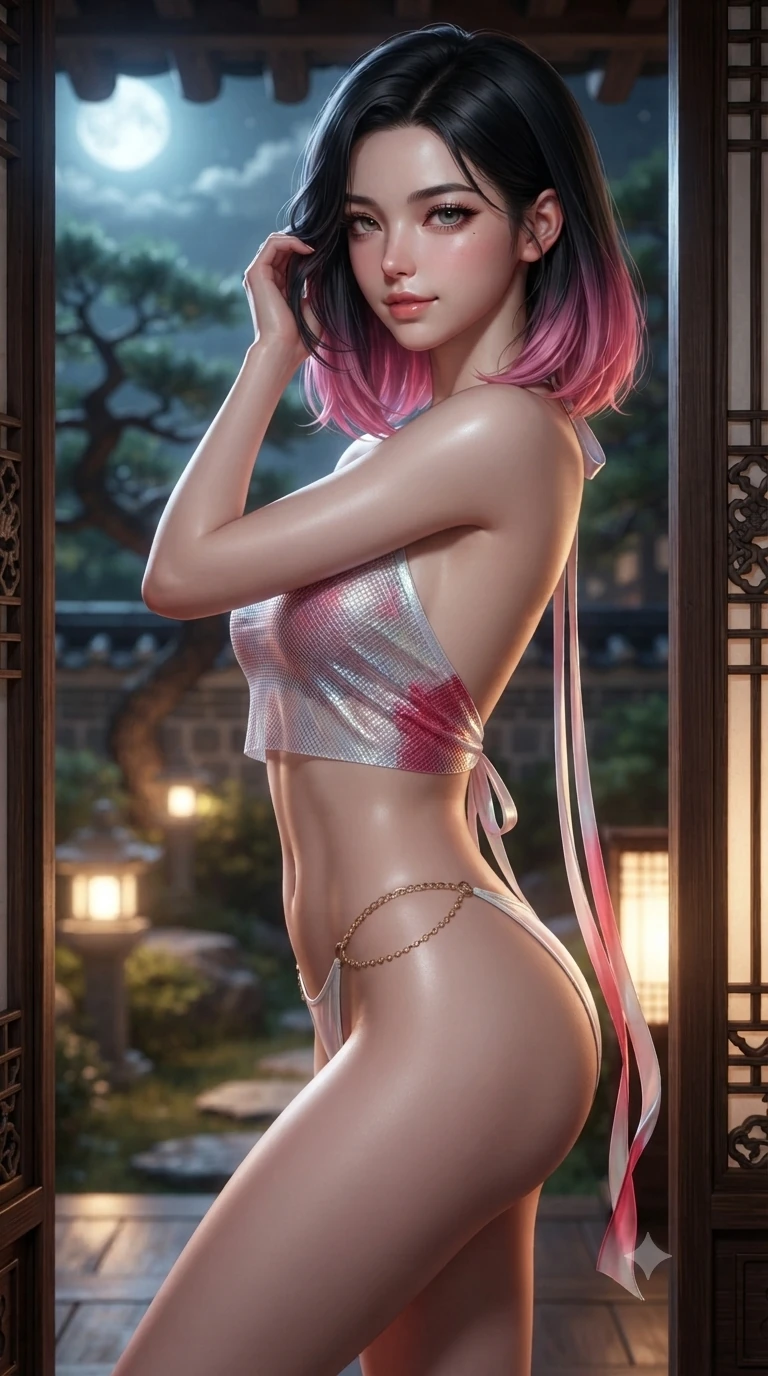 score_9, masterpiece, best quality, ultra-detailed, high-budget anime keyframe, editorial fashion photography, tasteful artistic composition, Korean woman. close-up cowboy shot from the waist and thighs up, the character dominates the composition, filling the frame with her large presence. gently brushing a lock of silk hair behind her ear while casting a playful, flirtatious side-gaze with long eyelashes while twisting her slender torso in an alluring S-curve against the dark wood framing, moonlight and interior paper lantern glow tracing her curves. The background shows a soft-focus framed view of moonlit pine gardens, glowing stone lanterns, and distant tiled walls blurred into jade, honey, and charcoal bokeh. She has an exceptionally elegant, slender, and willowy female figure with an ultra-slim waist, flat toned midriff, narrow ribcage, and sculpted feminine hips creating an alluring, slim hourglass silhouette without bulk. sharp v-shaped jawline, high-bridge nose, sparkling eyes with hypnotic seductive depth, thick curled eyelashes, glossy parted lips with a natural dewy peach sheen, alluring bedroom-eyes with an enchanting coquettish smile, exuding magnetic siren charisma and sophisticated glamour, flawlessly proportioned anatomical accuracy, strict slender model proportions, natural body alignment, perfectly sculpted long slender limbs, ultra-slim waistline, clean dynamic posture without body distortion. wearing a translucent iridescent mesh crop top paired with high-cut string bikini bottoms and gold norigae waist chains in pure snow white and vivid cherry blossom crimson, crafted from stretch micro-mesh with metallic foil coating that shimmers in the moonlight, finished with long silk ribbon ties fluttering down her bare spine from a backless halter, the form-fitting cut adhering flawlessly to her sculpted flat midriff and slender torso, emphasizing her long leg lines and perfectly proportioned willowy build. bathed in dual lighting: cool silver moonlight from the exterior garden contrasting with warm 2700K lantern glow from within. ultra-reflective glossy finish, specular highlights, rich textural contrasts, high-contrast stereoscopic depth, volumetric dynamic lighting, 2k, ultra detail, master piece, 9:16 ratio