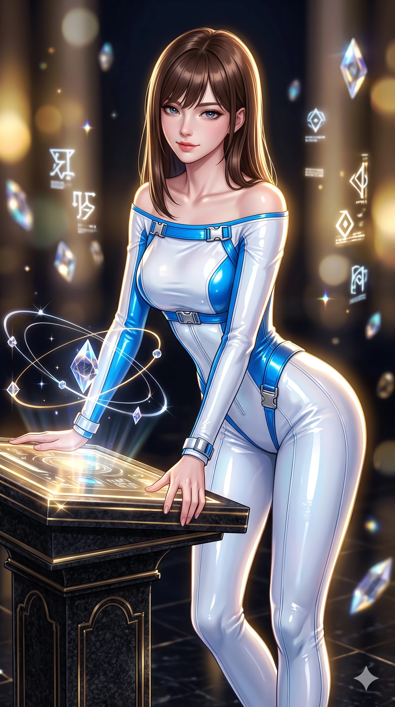 score_9, masterpiece, best quality, ultra-detailed, high-budget anime keyframe, semi-realistic 3D game render, editorial fashion photography, tasteful artistic composition, Korean woman. close-up cowboy shot from the waist and thighs up, the character dominates the composition, filling the frame with her large presence. leaning forward over the holographic console while arching her lower back to accentuate her curvy hips, looking into the camera with an intoxicating smoldering bedroom-gaze while standing poised at the black granite speaker podium, arching her lower back with sovereign supermodel grace as levitating cryptographic data crystals rotate in complex orbital paths. The background shows a soft-focus floating holographic glyphs and crystal refractions blurred into gold, platinum, and deep obsidian bokeh. She has an exceptionally elegant, slender, and willowy female figure with an ultra-slim waist, flat toned midriff, narrow ribcage, and sculpted feminine hips creating an alluring, slim hourglass silhouette without bulk. sharp v-shaped jawline, high-bridge nose, intricate jewel-like sparkling eyes with depth, thick eyelashes, glossy parted lips with a natural sheen, bright confident smile with an enchanting and coquettish sensual glint, exuding both youthful magnetic charm and sovereign high-tech allure, flawlessly proportioned anatomical accuracy, strict slender model proportions, natural body alignment, perfectly sculpted long slender limbs, ultra-slim waistline, clean dynamic posture without body distortion. wearing a form-fitting zero-gravity EVA jumpsuit with an ultra-slim corseted waist and exposed clavicle line in arctic snowflake white and electric plasma blue, tailored from ultra-reflective glossy liquid vinyl with mirror-like specular highlights, finished with polished chrome buckle hardware and modular magnetic holster clasps, the form-fitting tactical tailoring adhering flawlessly to her sculpted flat midriff and slender torso, emphasizing her long leg lines and perfectly proportioned willowy build. illuminated by black granite floor reflections and sharp gold-platinum rim lights carving her sculpted collarbones, ultra-slim waist, and curvy hips. highly saturated vibrant anime colors, detailed shading with soft gradients, rich glossy textures, high-contrast stereoscopic depth, volumetric dynamic lighting, master piece, 9:16 ratio