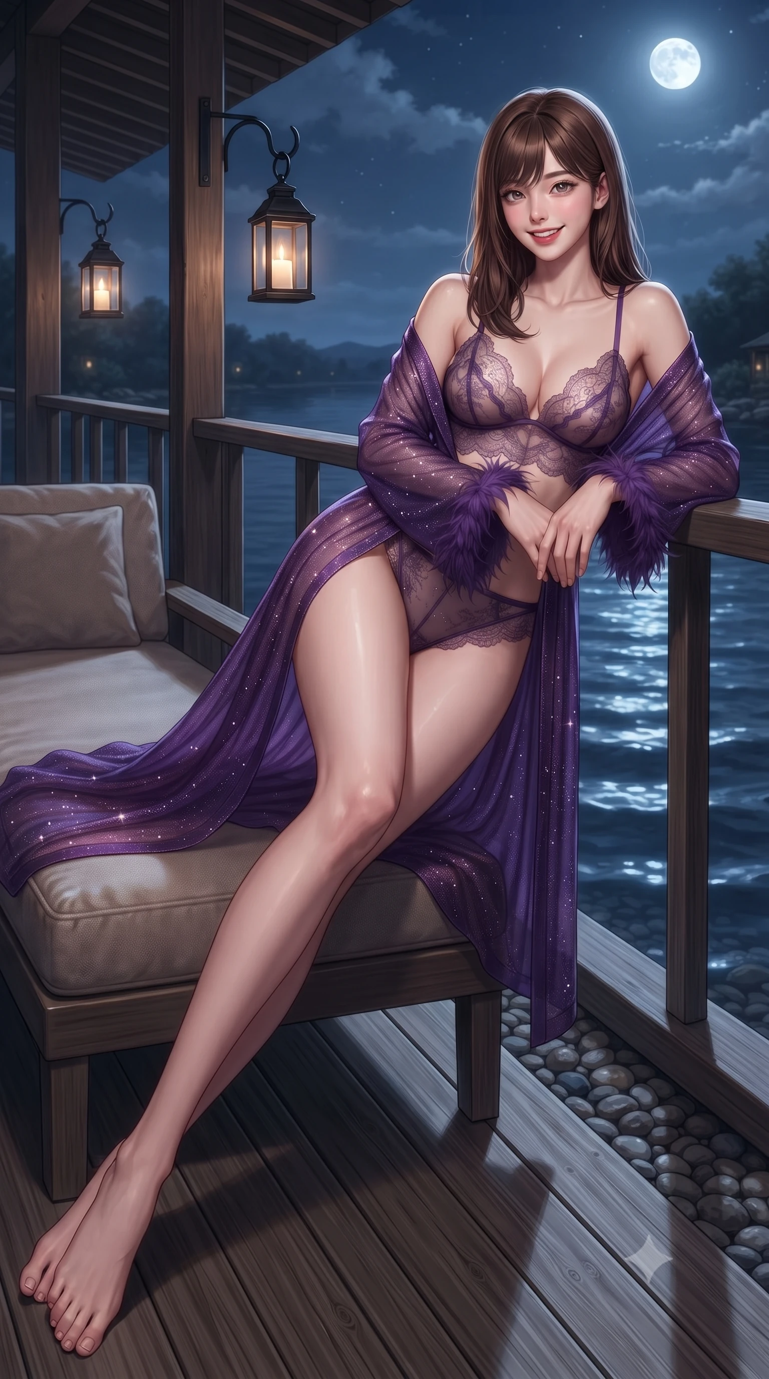 score_9, masterpiece, best quality, ultra-detailed, high-budget anime keyframe, editorial fashion photography, tasteful artistic composition, Korean woman. low angle full-body shot from head to toe showing her feet, filling the entire 9:16 vertical frame with her statuesque presence, stretching her vertical silhouette. reclining gracefully across the plush chaise lounge with one leg extended, her sculpted silhouette and flat midriff radiating magnetic nocturnal glamour while leaning against the minimalist wood balustrade with hips cocked back, looking over moonlit river ripples with magnetic smoldering eyes. The surrounding environment is rendered in vivid detail and crisp panoramic clarity: sharp weathered cedar decking grain, wrought-iron lantern hanging hooks, and riverbank pebble lines in deep focus. She has an exceptionally tall and slender model-like 8.5-heads proportion, an ultra-slim waist, a flat toned midriff, narrow delicate ribcage, and beautifully sculpted feminine hips creating a graceful, slim hourglass silhouette without any bulky heaviness, with impossibly long slender legs. sharp v-shaped jawline, high-bridge nose, intricate jewel-like sparkling eyes with depth, thick eyelashes, glossy parted lips with a natural peach sheen, bright cheerful beaming smile with an enchanting and coquettish sensual glint, exuding both youthful cute charm and seductive allure, flawlessly proportioned anatomical accuracy, strict slender model proportions, natural body alignment, perfectly sculpted long slender limbs, ultra-slim waistline, clean dynamic posture without body distortion. wearing a delicate translucent cashmere-blend boudoir robe with feather-trimmed cuffs slipping off bare shoulders over a sheer lace bralette in rich royal amethyst purple and gilded filigree, woven from stretch metallic lurex jersey casting radiant starlight glints across her curves, finished with scalloped eyelash lace trim framing her sweetheart neckline with intimate elegance, the precision-cut side openings and low-back scoop framing her graceful spine and the sensual sweep of her slim, toned hips. illuminated by river water specular highlights and sharp rose-gold rim lights defining her razor-sharp jawline, narrow waist, and curvy hips. ultra-reflective glossy finish, specular highlights, rich textural contrasts, high-contrast stereoscopic depth, volumetric dynamic lighting, 2k, ultra detail, master piece, 9:16 ratio