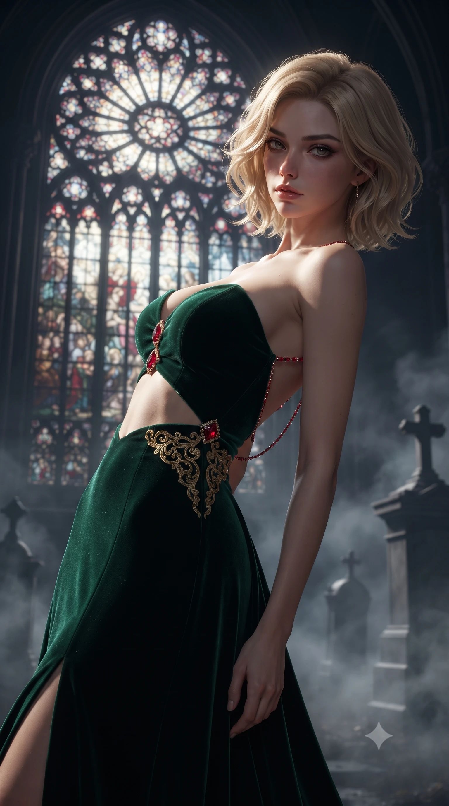 score_9, masterpiece, best quality, ultra-detailed, high-budget anime keyframe, editorial fashion photography, tasteful artistic composition, Caucasian woman. close-up cowboy shot from the waist and thighs up, the character dominates the composition, filling the frame with her large presence. leaning back with relaxed seductive grace, her sculpted collarbones highlighted by light, casting smoldering bedroom-eyes directly into the lens while arching her back in an alluring dance-like pause as moonlight pours through a colossal rose stained-glass window. The composition keeps background elements in soft focus with creamy bokeh. swirling night mist and distant cemetery monuments softened in cinematic shallow focus. She has an exceptionally elegant, slender, and willowy female figure with an ultra-slim waist, a gracefully sculpted slender torso, toned flat midriff, and a refined slim silhouette. sharp v-shaped jawline, high-bridge nose, intricate jewel-like eyes with depth, thick eyelashes, glossy parted lips with a natural sheen, intensely captivating and seductive expression, flawlessly proportioned anatomical accuracy, strict slender model proportions, natural body alignment, perfectly sculpted long slender limbs, ultra-slim waistline, clean dynamic posture without body distortion. wearing a deep sweetheart neckline velvet ballgown with an exposed midriff cutout framed by ruby clasps in antique emerald velvet and gold filigree, tailored from liquid silk jersey adhering flawlessly to her slender build, accented with a glittering ruby back chain tracing her bare spine, the precision-cut daring openings accentuating her delicate midriff, graceful bare collarbones, and ultra-slim feminine waistline. surrounded by an immortal, transcendent, and breathtakingly majestic gothic siren aura. ultra-reflective glossy finish, specular highlights, rich textural contrasts, high-contrast stereoscopic depth, volumetric dynamic lighting, 2k, ultra detail, master piece, 9:16 ratio