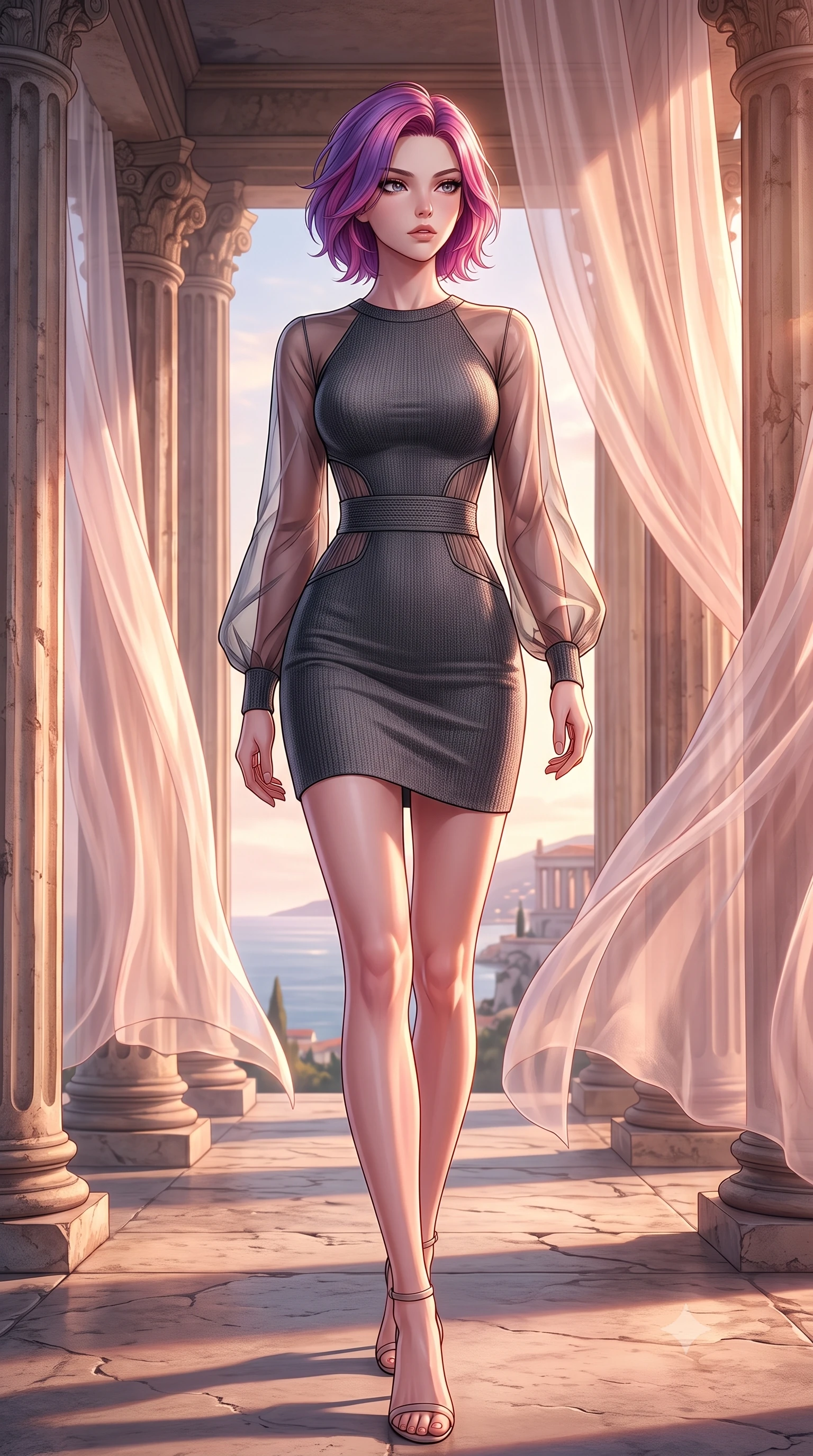 score_9, masterpiece, best quality, ultra-detailed, high-budget anime keyframe, editorial fashion photography, tasteful artistic composition, Caucasian woman. low angle full-body shot from head to toe showing her feet, filling the entire 9:16 vertical frame with her statuesque presence, stretching her vertical silhouette. navigating the luminous space with effortless poise, displaying her perfect model proportions walking through a open-air colonnade with billowing silk gossamer curtains, golden hour sunbursts creating a majestic rim lighting effect. She has an absolutely perfect, statuesque 8.5-heads proportion, an exceptionally tall and slender model-like female figure with impossibly long slender legs and an ultra-slim waist. sharp v-shaped jawline, high-bridge nose, intricate jewel-like eyes with depth, thick eyelashes, glossy lips with a natural sheen. wearing a sleek bodycon knit dress with strategic sheer organza sleeve panels and a tight waist, the form-contouring material highlighting her ultra-slim waist and long lines. bathed in glorious golden hour sunbeams and warm rose-gold ambient light. highly saturated vibrant anime colors, detailed shading with soft gradients, rich glossy textures, high-contrast stereoscopic depth, volumetric dynamic lighting, master piece, 9:16 ratio