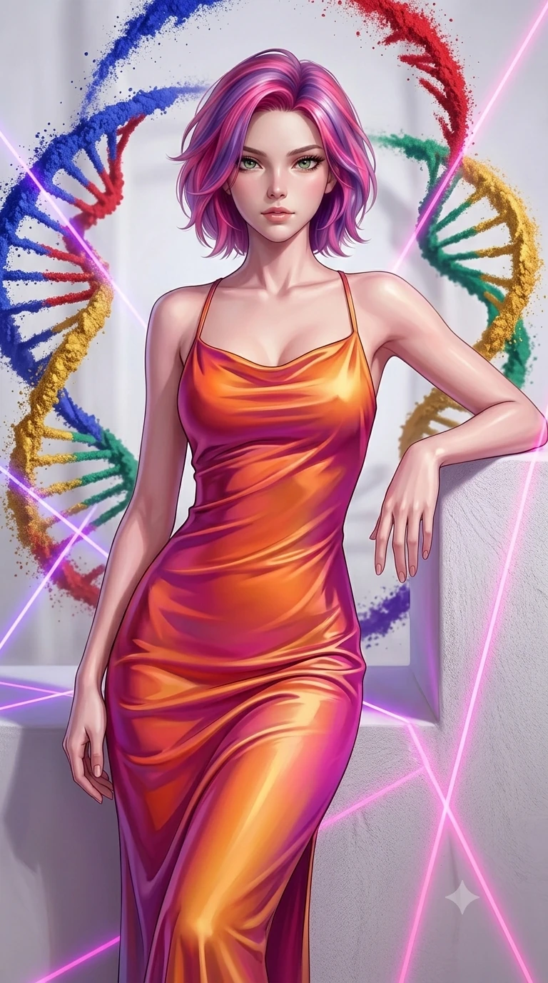 score_9, masterpiece, best quality, ultra-detailed, high-budget anime keyframe, editorial fashion photography, tasteful artistic composition, Caucasian woman, strictly human ears. close-up cowboy shot from the waist and thighs up, the character dominates the composition, filling the frame with her large presence, background elements kept in soft focus. Resting one arm elegantly against a surface with a poised relaxed stance. set against a soft-focus background of an artist's white studio where spiraling vortexes of pure dry pigment powder in vivid ultramarine cadmium red viridian and gold orbit around the center in hypnotic double-helix formations. She has an exceptionally elegant and slender, willowy female figure with an ultra-slim waist, a gracefully sculpted slender torso, and a refined slim physique. sharp v-shaped jawline, high-bridge nose, intricate jewel-like eyes with depth, thick eyelashes, glossy lips with a natural sheen. wearing a liquid silk charmeuse gown in a sunset gradient of orange, magenta, and gold, clinging and pooling along her tall, slender silhouette. laser lines of violet and hot pink reflecting off surfaces casting geometric neon highlights. 2k, ultra detail, master piece, 9:16 ratio