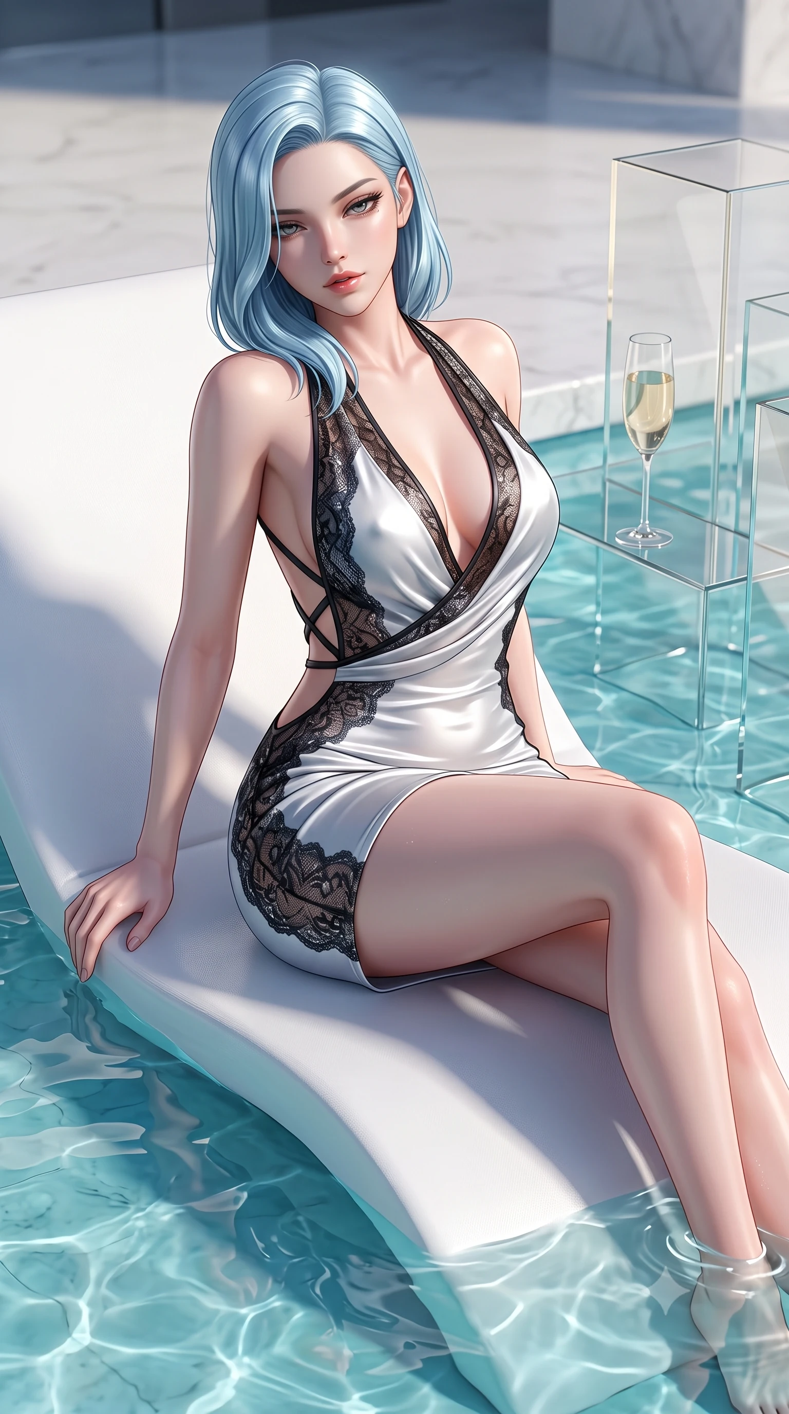 score_9, masterpiece, best quality, ultra-detailed, high-budget anime keyframe, semi-realistic 3D game render, editorial fashion photography, tasteful artistic composition, Korean woman. close-up cowboy shot from the waist and thighs up, the character dominates the composition, filling the frame with her large presence. casting a slow, smoldering gaze beneath heavy lashes with parted glossy lips, her head slightly tilted in captivating self-assurance while lounging gracefully on a floating white lounger as clear shallow water ripples around her slender ankles. The surrounding environment is rendered in vivid detail and crisp panoramic clarity. crisp champagne glass panel geometries, clear turquoise water ripples, and polished white stone in deep focus. She has an exceptionally elegant, slender, and willowy female figure with an ultra-slim waist, a gracefully sculpted slender torso, toned flat midriff, and a refined slim silhouette. sharp v-shaped jawline, high-bridge nose, intricate jewel-like eyes with depth, thick eyelashes, glossy lips with a natural sheen, flawlessly proportioned anatomical accuracy, strict slender model proportions, natural body alignment, perfectly sculpted long slender limbs, ultra-slim waistline, clean dynamic posture without body distortion. wearing a form-contouring liquid satin halter-neck mini dress with a deep crossover cowl front, open back, and ultra-slender waist drape in high-gloss monochrome white and sharp black contrast, crafted from delicate dark lace interwoven with luminescent micro-fibers, complemented by criss-cross back straps highlighting her completely bare spine, the form-contouring material adhering flawlessly to her sculpted flat midriff and slender torso, emphasizing her long leg lines and perfectly proportioned willowy build. illuminated by clear directional key light with brilliant specular highlights on glass and water. highly saturated vibrant anime colors, detailed shading with soft gradients, rich glossy textures, high-contrast stereoscopic depth, volumetric dynamic lighting, master piece, 9:16 ratio