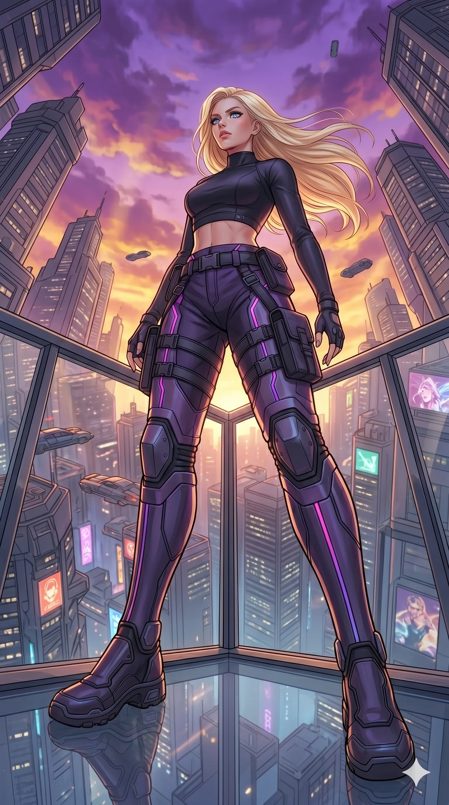 score_9, masterpiece, best quality, ultra-detailed, high-budget anime movie keyframe, cinematic anime lighting, intricate line art, Caucasian (strictly human ears) woman. Dynamic full-body shot stretching the vertical silhouette with extreme perspective. surveying a sprawling mega-city from a glass balcony under a smog sunset. She has an absolutely perfect 8-heads proportion, an exceptionally tall and slender female figure with an ultra-slim waist and impossibly long slender legs. strictly human anatomy, two legs only, no extra limbs, clearly defined legs and arms, perfect anatomy, perfect hands and fingers. sharp v-shaped jawline, high-bridge nose, intricate jewel-like eyes, thick eyelashes, glossy lips. Wearing Tech-Fantasy: Cybernetic tech-suit with glowing seams, translucent PVC over leotard, and modular tactical gear. The scene is illuminated by dramatic atmospheric lighting and vibrant color palettes. , 2k, ultra detail, master piece, 9:16 ratio