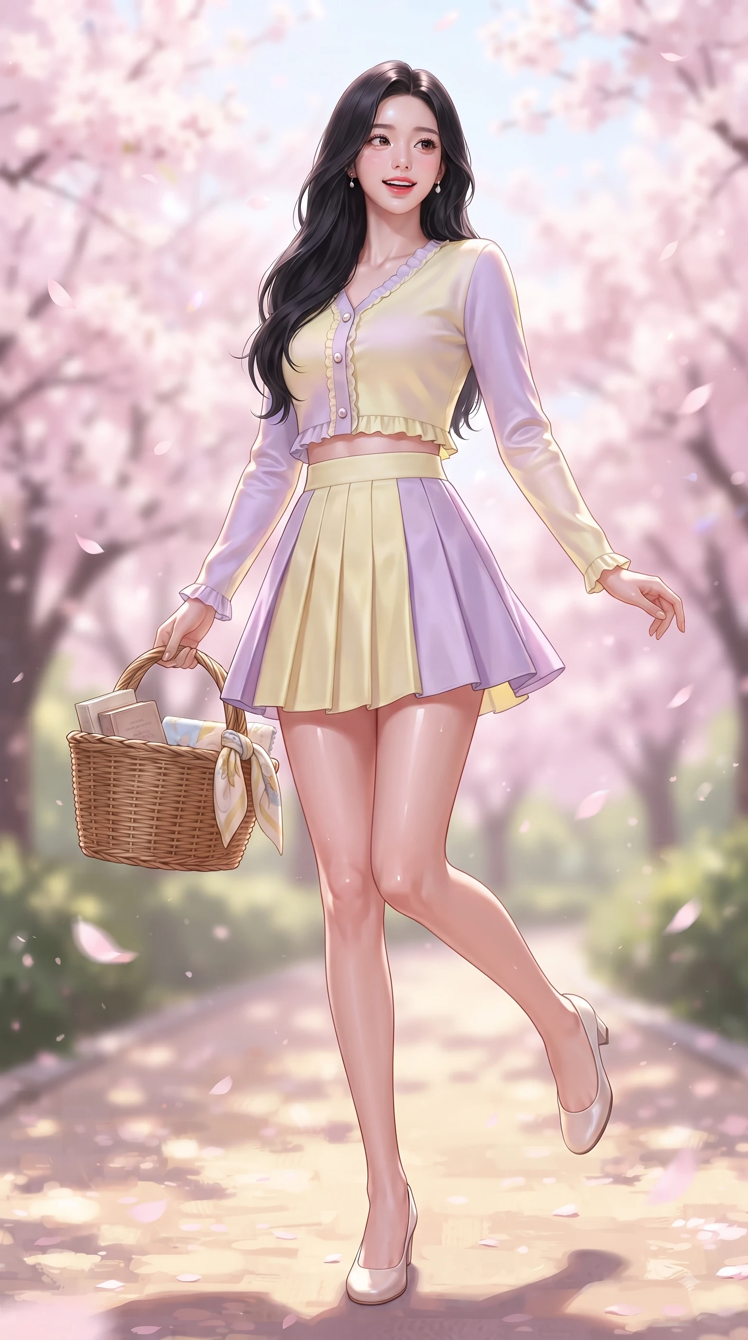 score_9, masterpiece, best quality, ultra-detailed, high-budget anime keyframe, editorial fashion photography, tasteful artistic composition, Korean woman. low angle full-body shot from head to toe showing her feet, filling the entire 9:16 vertical frame with her statuesque presence, stretching her vertical silhouette. stepping forward gracefully in mid-motion with a delighted cute expression, displaying her statuesque model proportions while stepping along a sun-drenched park trail carrying a wicker basket with fresh youthful charm. The composition keeps background elements in soft focus with dreamy bokeh. fluttering sakura petals and sunlit park pathways softened in romantic background blur. She has an absolutely perfect, statuesque 8.5-heads proportion, an exceptionally tall and slender model-like female figure with impossibly long slender legs and an ultra-slim waist. sharp v-shaped jawline, high-bridge nose, intricate jewel-like eyes with depth, thick eyelashes, glossy lips with a natural sheen, flawlessly proportioned anatomical accuracy, natural body alignment, perfectly sculpted elegant limbs, clean dynamic posture without body distortion. wearing a chic cropped pastel cardigan with a high-waisted pleated tennis skirt in soft lemon yellow and lavender violet, crafted from smooth fluid silk satin, finished with subtle ruffle trims and delicate pearl buttons, the relaxed yet flattering fit accentuating her naturally graceful and slender figure. illuminated by soft glowing pink ambient light and clear sky refractions. ultra-reflective glossy finish, specular highlights, metallic sheen, high-contrast stereoscopic depth, volumetric dynamic lighting, 2k, ultra detail, master piece, 9:16 ratio