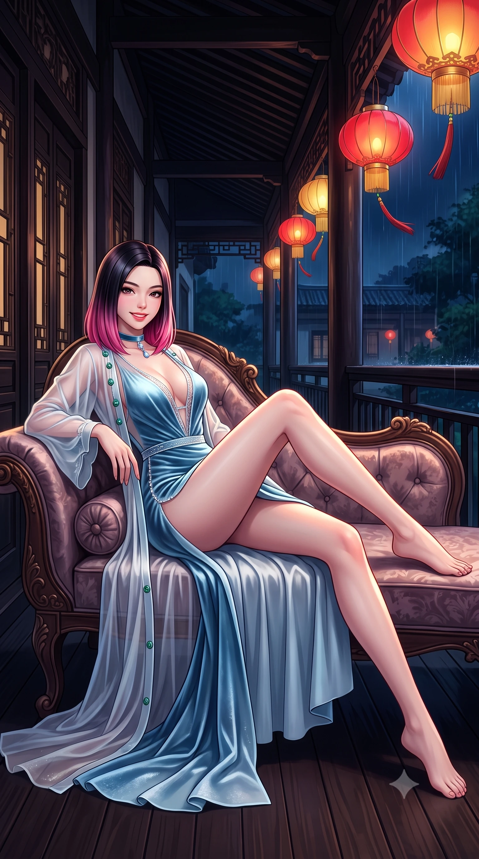 score_9, masterpiece, best quality, ultra-detailed, high-budget anime keyframe, semi-realistic 3D game render, editorial fashion photography, tasteful artistic composition, Korean woman. low angle full-body shot from head to toe showing her feet, filling the entire 9:16 vertical frame with her statuesque presence, stretching her vertical silhouette. reclining gracefully across the plush chaise lounge with one leg extended, her sculpted silhouette and flat midriff radiating magnetic nocturnal glamour while standing poised on the dark timber veranda of the restored Shikumen villa, arching her lower back as crimson silk lanterns flutter in the nocturnal breeze. The surrounding environment is rendered in vivid detail and crisp panoramic clarity: detailed alluring semi-sheer silk chiffon boudoir peignoir drape, jade button accents, and heritage architecture in razor-sharp precision. She has an exceptionally tall and slender model-like 8.5-heads proportion, an ultra-slim waist, a flat toned midriff, narrow delicate ribcage, and beautifully sculpted feminine hips creating a graceful, slim hourglass silhouette without any bulky heaviness, with impossibly long slender legs. sharp v-shaped jawline, high-bridge nose, intricate jewel-like sparkling eyes with depth, thick eyelashes, glossy parted lips with a natural peach sheen, bright cheerful beaming smile with an enchanting and coquettish sensual glint, exuding both youthful cute charm and seductive allure, flawlessly proportioned anatomical accuracy, strict slender model proportions, natural body alignment, perfectly sculpted long slender limbs, ultra-slim waistline, clean dynamic posture without body distortion. wearing a plunge-front sheer mesh cocktail gown with delicate crystal beading and an ultra-daring hip-high leg slit in Tromsø icy arctic blue and frosted platinum, tailored from ultra-plush silk velvet with rich tactile depth and deep shadow gradients, finished with a thin velvet ribbon choker and a single teardrop diamond pendant, the precision-cut side openings and low-back scoop framing her graceful spine and the sensual sweep of her slim, toned hips. bathed in the romantic red-and-gold 2200K glow of hanging silk lanterns contrasted with deep midnight rain ambient. highly saturated vibrant anime colors, detailed shading with soft gradients, rich glossy textures, high-contrast stereoscopic depth, volumetric dynamic lighting, master piece, 9:16 ratio