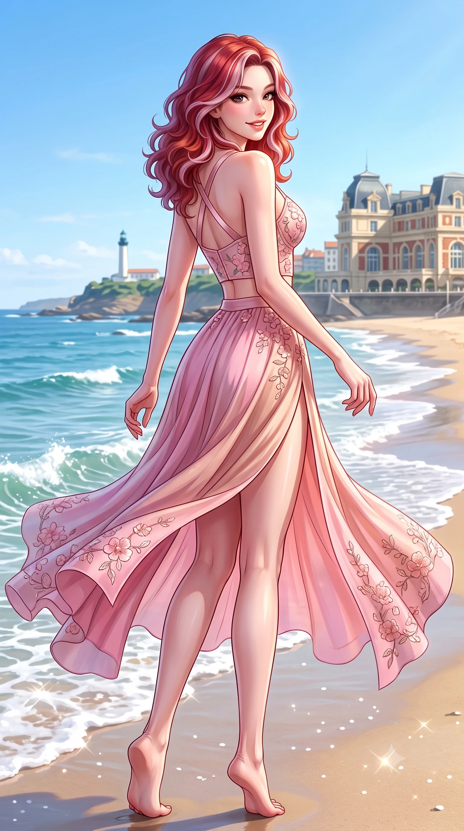 score_9, masterpiece, best quality, ultra-detailed, high-budget anime keyframe, semi-realistic 3D game render, editorial fashion photography, tasteful artistic composition, Caucasian woman. low angle full-body shot from head to toe showing her feet, filling the entire 9:16 vertical frame with her statuesque presence, stretching her vertical silhouette. executing a cheerful mid-motion pivot turn as her skirt flutters around her slender legs, glancing over her shoulder with an intoxicating, teasing cute expression while turning in an alluring S-curve as ocean trade winds whip her silk wrap skirt, gazing toward the historic casino palace with parted glossy lips. The surrounding environment is rendered in vivid detail and crisp panoramic clarity. detailed resort wear weave, coastal sun specular highlights on skin, and Biarritz coastline in high resolution. She has an exceptionally tall and slender model-like 8.5-heads proportion, an ultra-slim waist, a flat toned midriff, narrow delicate ribcage, and beautifully sculpted feminine hips creating a graceful, slim hourglass silhouette without any bulky heaviness, with impossibly long slender legs. sharp v-shaped jawline, high-bridge nose, intricate jewel-like sparkling eyes with depth, thick eyelashes, glossy parted lips with a natural peach sheen, bright cheerful beaming smile with an enchanting and coquettish sensual glint, exuding both youthful cute charm and seductive allure, flawlessly proportioned anatomical accuracy, strict slender model proportions, natural body alignment, perfectly sculpted long slender limbs, ultra-slim waistline, clean dynamic posture without body distortion. wearing a delicate floral embroidery bustier top paired with a flowy high-slit chiffon maxi skirt with a side hip opening in cherry blossom pink and soft rose gold, crafted from liquid-tight stretch jersey emphasizing every curve, finished with criss-cross back satin straps highlighting her graceful shoulder blades, the form-contouring cut accentuating her sculpted flat midriff, narrow delicate ribcage, and gracefully curvy hips with supermodel precision. illuminated by sparkling sea foam reflections sharply sculpting her razor-sharp jawline, narrow waist, and curvy hips. highly saturated vibrant anime colors, detailed shading with soft gradients, rich glossy textures, high-contrast stereoscopic depth, volumetric dynamic lighting, master piece, 9:16 ratio