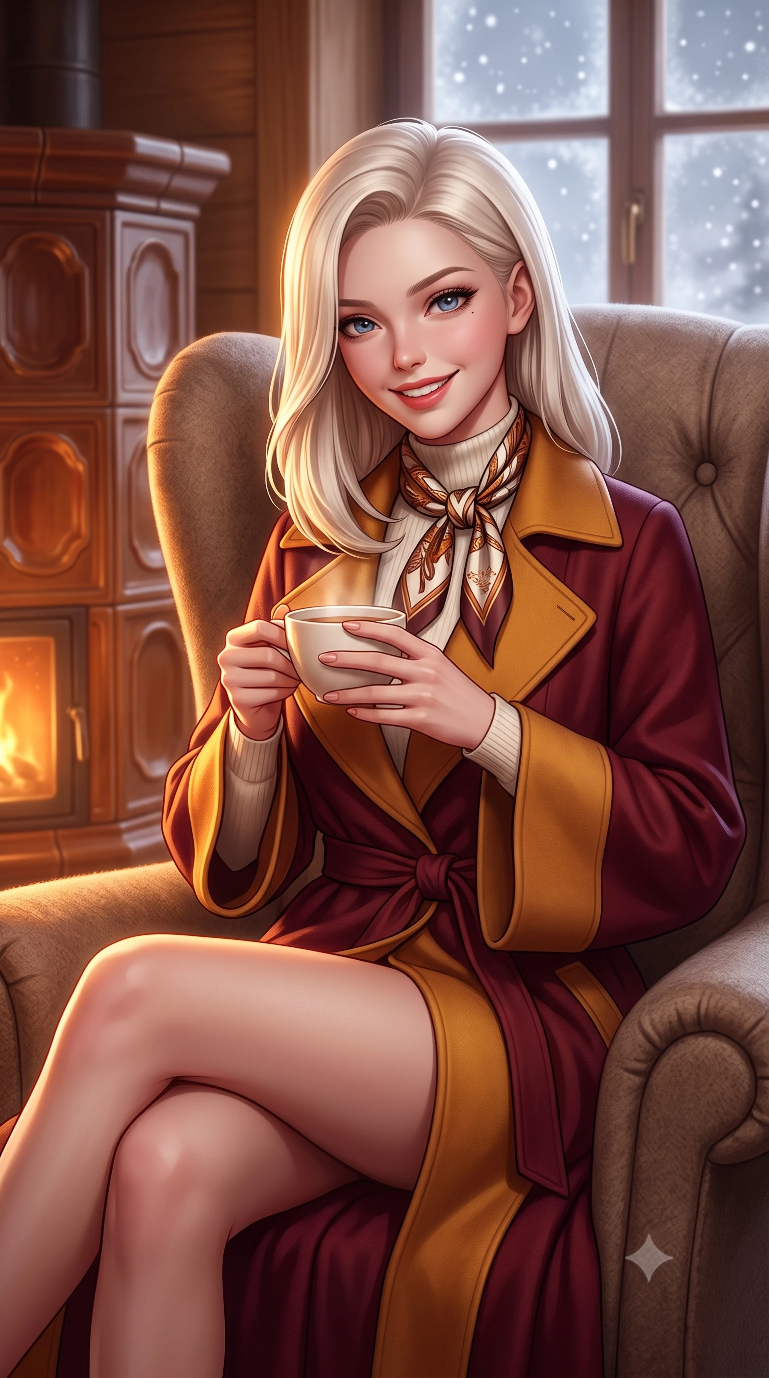 score_9, masterpiece, best quality, ultra-detailed, high-budget anime keyframe, semi-realistic 3D game render, editorial fashion photography, tasteful artistic composition, Caucasian woman. close-up cowboy shot from the waist and thighs up, the character dominates the composition, filling the frame with her large presence. holding a warm porcelain cup in both hands while tilting her head with an enchanting, beaming smile while curled up comfortably in an oversized wool wingback chair beside a traditional ceramic tile stove, smiling warmly with teacup in hand. The background shows a soft-focus softly falling snowflakes outside frosted panes softened in intimate alpine winter hideaway shallow focus. She has an exceptionally elegant, slender, and willowy female figure with an ultra-slim waist, flat toned midriff, narrow ribcage, and sculpted feminine hips creating an alluring, slim hourglass silhouette without bulk. sharp v-shaped jawline, high-bridge nose, intricate jewel-like sparkling eyes with depth, thick eyelashes, glossy parted lips with a natural peach sheen, bright cheerful beaming smile with an enchanting and coquettish sensual glint, exuding both youthful cute charm and seductive allure, flawlessly proportioned anatomical accuracy, strict slender model proportions, natural body alignment, perfectly sculpted long slender limbs, ultra-slim waistline, clean dynamic posture without body distortion. wearing an elegant tailored wool trench with kimono-inspired wide sleeves worn over an ivory mock-neck sweater and long skirt in rich Oxford burgundy and golden amber, woven from fine Australian merino wool with a smooth fluid drape and subtle sheen, finished with a printed silk twilly scarf knotted gracefully around her neck, the sharp shoulder tailoring and gently nipped waist framing her slender torso with pristine sartorial perfection. illuminated by honey pine wall reflection bounce and warm buttery rim lights sculpting her features and slender hourglass curves. highly saturated vibrant anime colors, detailed shading with soft gradients, rich glossy textures, high-contrast stereoscopic depth, volumetric dynamic lighting, master piece, 9:16 ratio