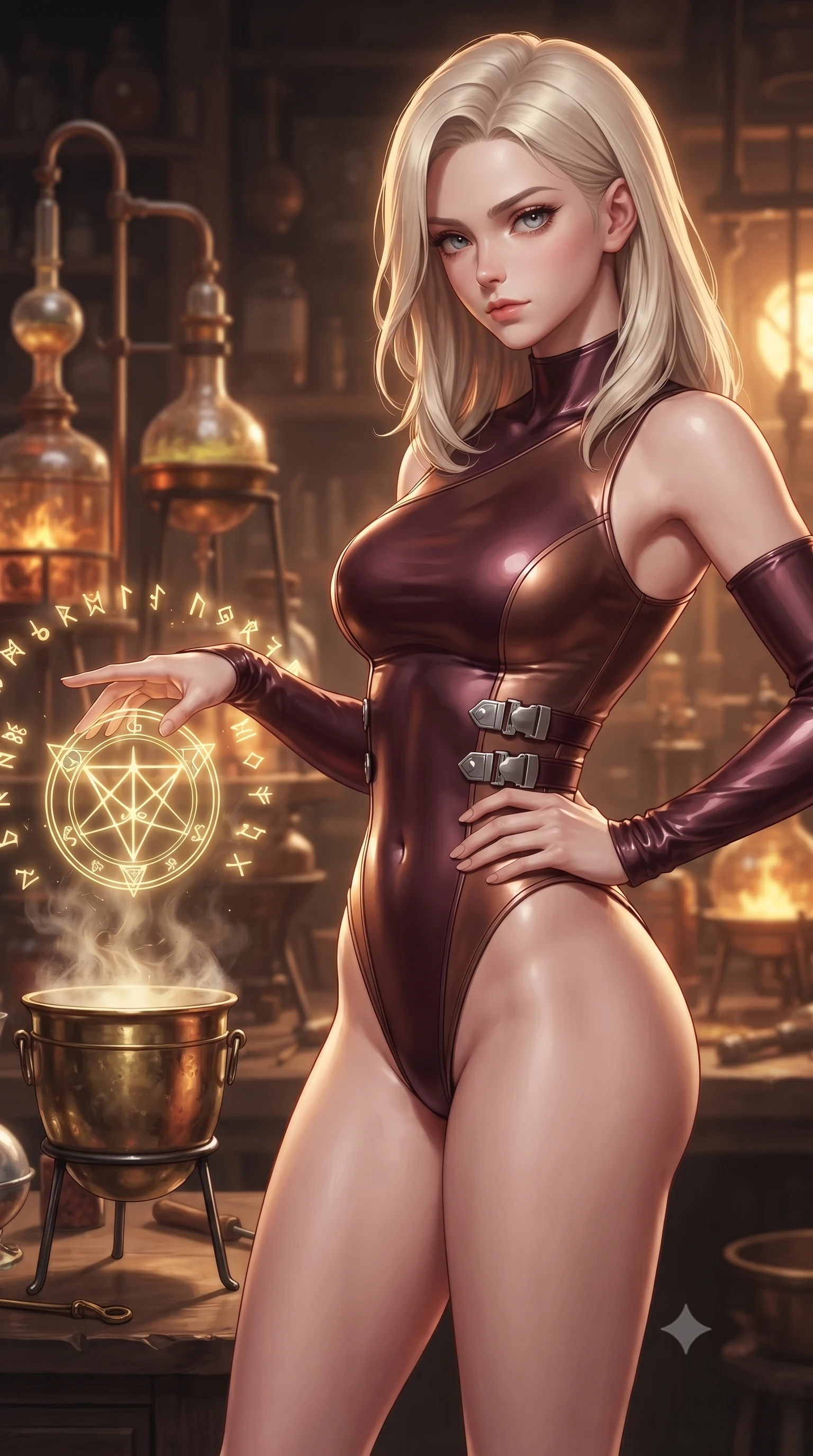 score_9, masterpiece, best quality, ultra-detailed, high-budget anime keyframe, editorial fashion photography, tasteful artistic composition, Caucasian woman. close-up cowboy shot from the waist and thighs up, the character dominates the composition, filling the frame with her large presence, background elements kept in soft focus. Holding a powerful dynamic pose with one hand on her hip and body angled dramatically toward the key light while reaching her hand forward to touch a glowing golden alchemy symbol floating over a crucible, glowing alchemy runes hovering in mid-air, casting golden light on her face. She has an exceptionally elegant, slender, and willowy female figure with an ultra-slim waist, a gracefully sculpted slender torso, and a refined silhouette. sharp v-shaped jawline, high-bridge nose, intricate jewel-like eyes with depth, thick eyelashes, glossy lips with a natural sheen, flawlessly proportioned anatomical accuracy, natural body alignment, perfectly sculpted elegant limbs, clean dynamic posture without body distortion. wearing an asymmetrical high-cut tech-bodysuit with detached sleeves in deep burgundy and bronze, formed from sleek second-skin neoprene, detailed with polished silver buckles along the waistline, the sleek second-skin texture accentuating her magnetic presence. surrounded by a warm, powerful industrial alchemy atmosphere. ultra-reflective glossy finish, specular highlights, metallic sheen, high-contrast stereoscopic depth, volumetric dynamic lighting, 2k, ultra detail, master piece, 9:16 ratio