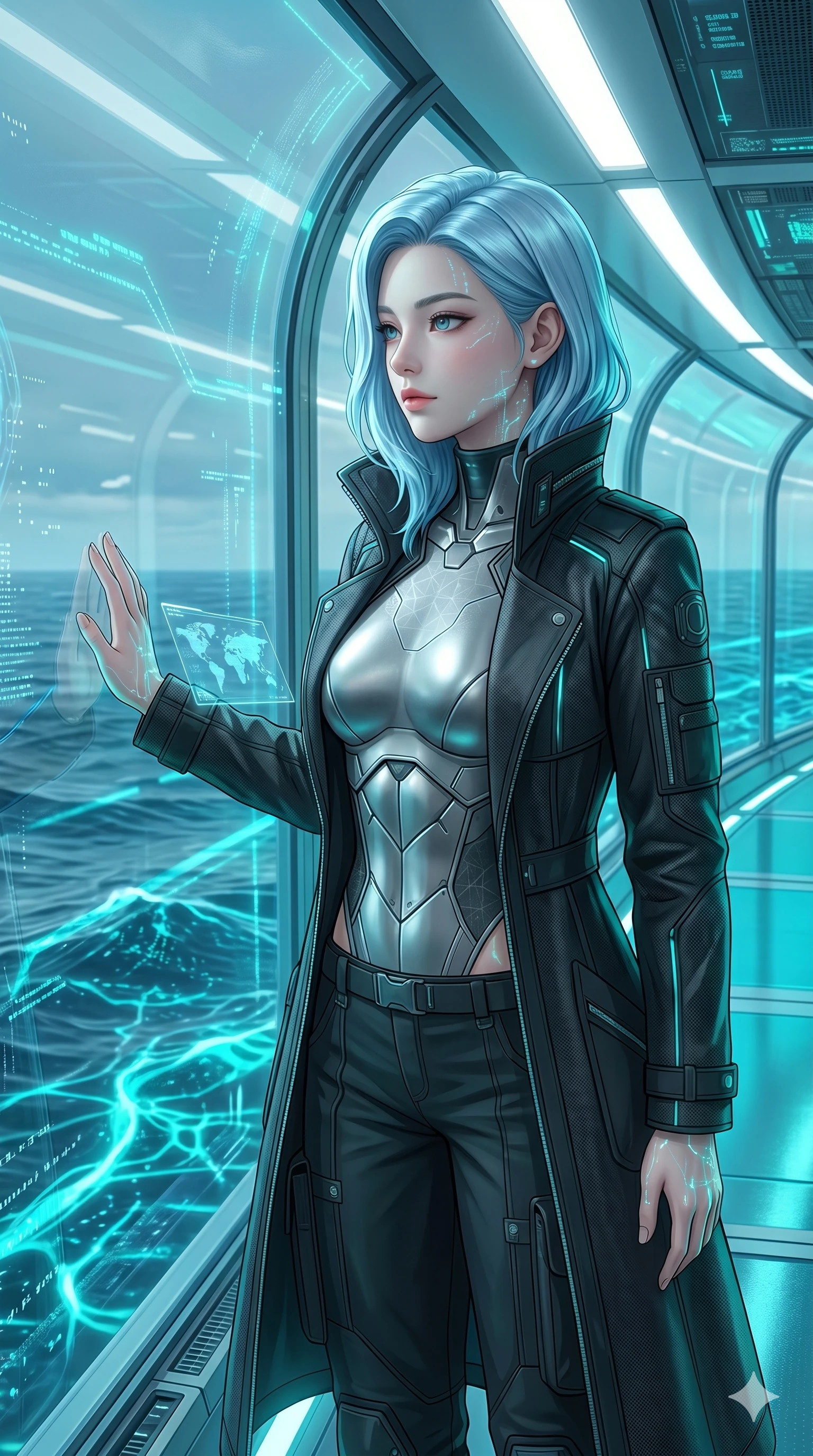 score_9, masterpiece, best quality, ultra-detailed, high-budget anime keyframe, semi-realistic 3D game render, Korean woman. Upper body close-up from the thighs up, character filling the screen for maximum presence. Standing in a glass corridor overlooking a digital ocean, looking out at the waves with a peaceful, serene expression. She is wearing a tailored tech-wear trench coat worn over a silver bodice and dark pants. The scene is bathed in the neon turquoise water reflections and cool white lights. 2k, ultra detail, master piece, 9:16 ratio