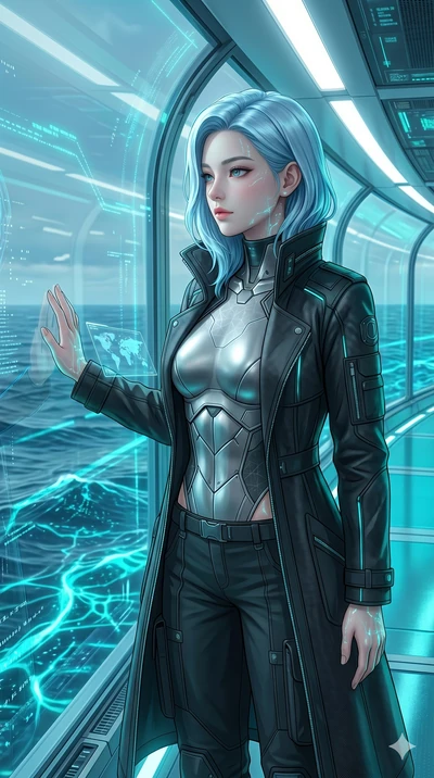 score_9, masterpiece, best quality, ultra-detailed, high-budget anime keyframe, semi-realistic 3D game render, Korean woman. Upper body close-up from the thighs up, character filling the screen for maximum presence. Standing in a glass corridor overl