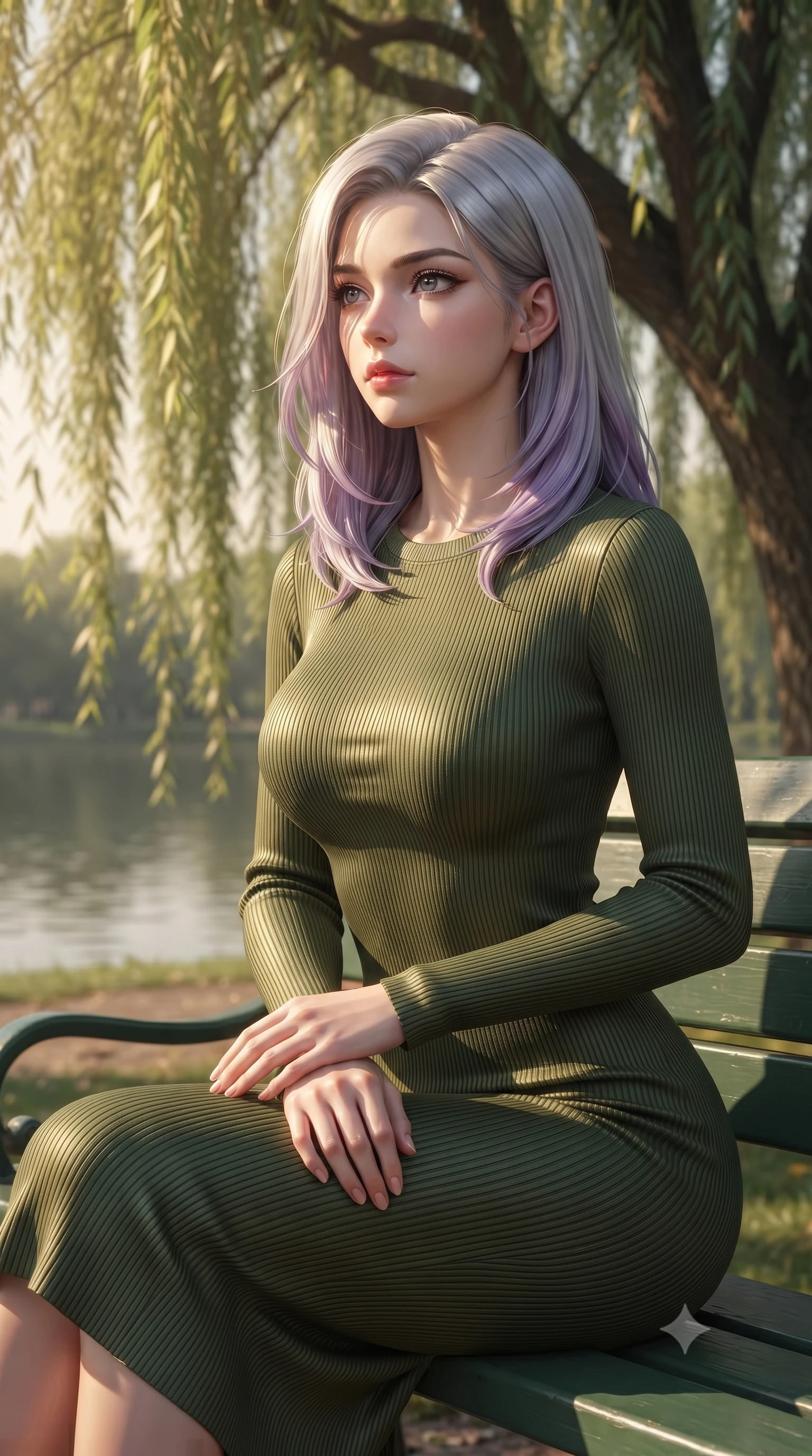 score_9, masterpiece, best quality, ultra-detailed, high-budget anime keyframe, editorial fashion photography, tasteful artistic composition, Caucasian woman woman. close-up cowboy shot from the waist and thighs up, the character dominates the composition, filling the frame with her large presence, background elements kept in soft focus. looking past the camera with a peaceful, thoughtful gaze, enjoying the warm sunlight the background shows a soft-focus a green park bench under a large weeping willow tree near a calm lake. She has an exceptionally elegant, slender, and willowy female figure with an ultra-slim waist, a gracefully sculpted slender torso, and a refined silhouette. sharp v-shaped jawline, high-bridge nose, intricate jewel-like eyes with depth, thick eyelashes, glossy lips with a natural sheen. wearing a tailored form-contouring ribbed bodycon midi dress in olive green with long sleeves. dappled sunbeams filtering through the willow leaves onto the grass. ultra-reflective glossy finish, specular highlights, metallic sheen, high-contrast stereoscopic depth, volumetric dynamic lighting, 2k, ultra detail, master piece, 9:16 ratio