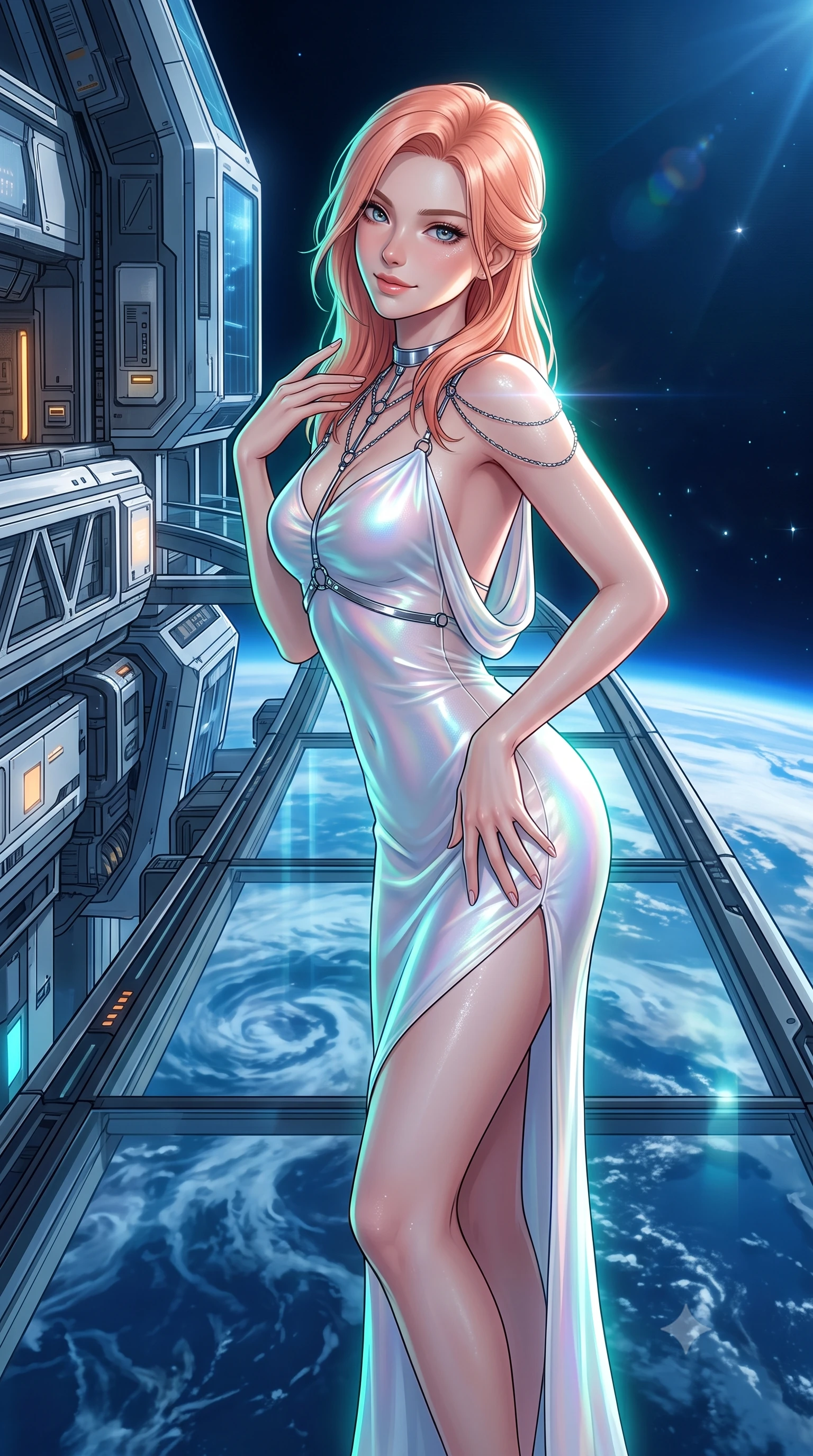 score_9, masterpiece, best quality, ultra-detailed, high-budget anime keyframe, semi-realistic 3D game render, editorial fashion photography, tasteful artistic composition, Japanese woman. close-up cowboy shot from the waist and thighs up, the character dominates the composition, filling the frame with her large presence. tilting her head with a teasing half-smile, running one hand slowly down the side of her hip in a flirtatious S-curve as ambient light caresses her silhouette while standing poised on the completely transparent cantilevered catwalk directly above swirling blue ocean clouds of Earth, arching her back with breathless anime heroine charisma. The surrounding environment is rendered in vivid detail and crisp panoramic clarity: detailed anime keyframe lines, rich glossy textures, and cutting-edge orbital station structure in razor-sharp precision. She has an exceptionally elegant, slender, and willowy female figure with an ultra-slim waist, flat toned midriff, narrow ribcage, and sculpted feminine hips creating an alluring, slim hourglass silhouette without bulk. sharp v-shaped jawline, high-bridge nose, intricate jewel-like sparkling eyes with depth, thick eyelashes, glossy parted lips with a natural peach sheen, bright cheerful beaming smile with an enchanting and coquettish sensual glint, exuding both youthful cute charm and seductive allure, flawlessly proportioned anatomical accuracy, strict slender model proportions, natural body alignment, perfectly sculpted long slender limbs, ultra-slim waistline, clean dynamic posture without body distortion. wearing a form-contouring gossamer silk chiffon slip dress with a hip-high slit and open cowl back clinging with dewy moisture in holographic prismatic pearl and titanium white, woven from fine semi-opaque stretch illusion mesh tracing her slender contours, accented with a chrome-drop body harness subtly framing her dewy collarbones and spine, the second-skin tailored fabric adhering flawlessly to her sculpted flat midriff and slender torso, emphasizing her long leg lines and perfectly proportioned willowy build. illuminated by Earth albedo reflection bounce and sharp aurora-emerald rim lights sculpting her jawline, narrow waist, and curvy hips. highly saturated vibrant anime colors, detailed shading with soft gradients, rich glossy textures, high-contrast stereoscopic depth, volumetric dynamic lighting, master piece, 9:16 ratio