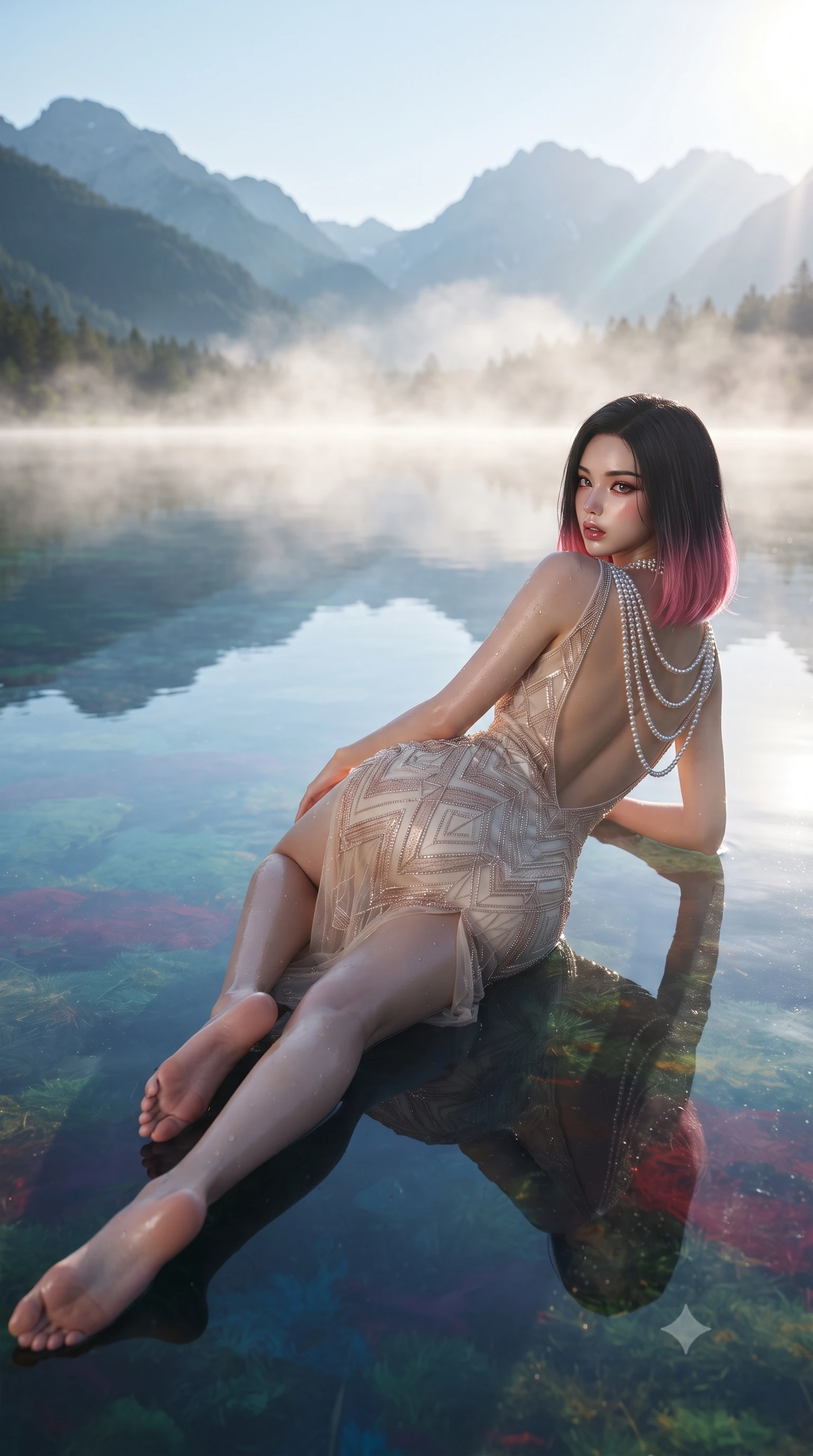 score_9, masterpiece, best quality, ultra-detailed, high-budget anime keyframe, editorial fashion photography, tasteful artistic composition, Korean woman. low angle full-body shot from head to toe showing her feet, filling the entire 9:16 vertical frame with her statuesque presence, stretching her vertical silhouette. reclining on her side in an elegant Cleopatra pose with one knee drawn up, the dramatic contour of her rounded hips and long slender legs commanding the 9:16 vertical frame while twisting her slender torso in an alluring S-curve as morning mist drifts across the glass-still multi-colored lake surface. The surrounding environment is rendered in vivid detail and crisp panoramic clarity. detailed silk dress weave, dewdrop moisture on skin, and mountain reflection clarity in high resolution. She has an exceptionally tall and slender model-like 8.5-heads proportion, an ultra-slim waist, a flat toned midriff, narrow delicate ribcage, and beautifully sculpted feminine hips creating a graceful, slim hourglass silhouette without any bulky heaviness, with impossibly long slender legs. sharp v-shaped jawline, high-bridge nose, intricate jewel-like eyes with depth, thick eyelashes, glossy parted lips with a natural sheen, intensely captivating and seductive bedroom-eyes expression, flawlessly proportioned anatomical accuracy, strict slender model proportions, natural body alignment, perfectly sculpted long slender limbs, ultra-slim waistline, clean dynamic posture without body distortion. wearing a sheer vintage mesh flapper dress adorned with intricate geometric beadwork over an opaque silk slip in vintage champagne ivory and delicate rose gold, made of fluid silk crepe with delicate inner corsetry boning, accented with a multi-strand pearl back necklace cascading down her bare spine to her hips, the dramatically scooped open back descending to the base of her spine, accentuating her razor-sharp statuesque lines and slim hourglass silhouette. bathed in pristine early morning alpine sunlight cutting through rising lake mist. ultra-reflective glossy finish, specular highlights, rich textural contrasts, high-contrast stereoscopic depth, volumetric dynamic lighting, 2k, ultra detail, master piece, 9:16 ratio