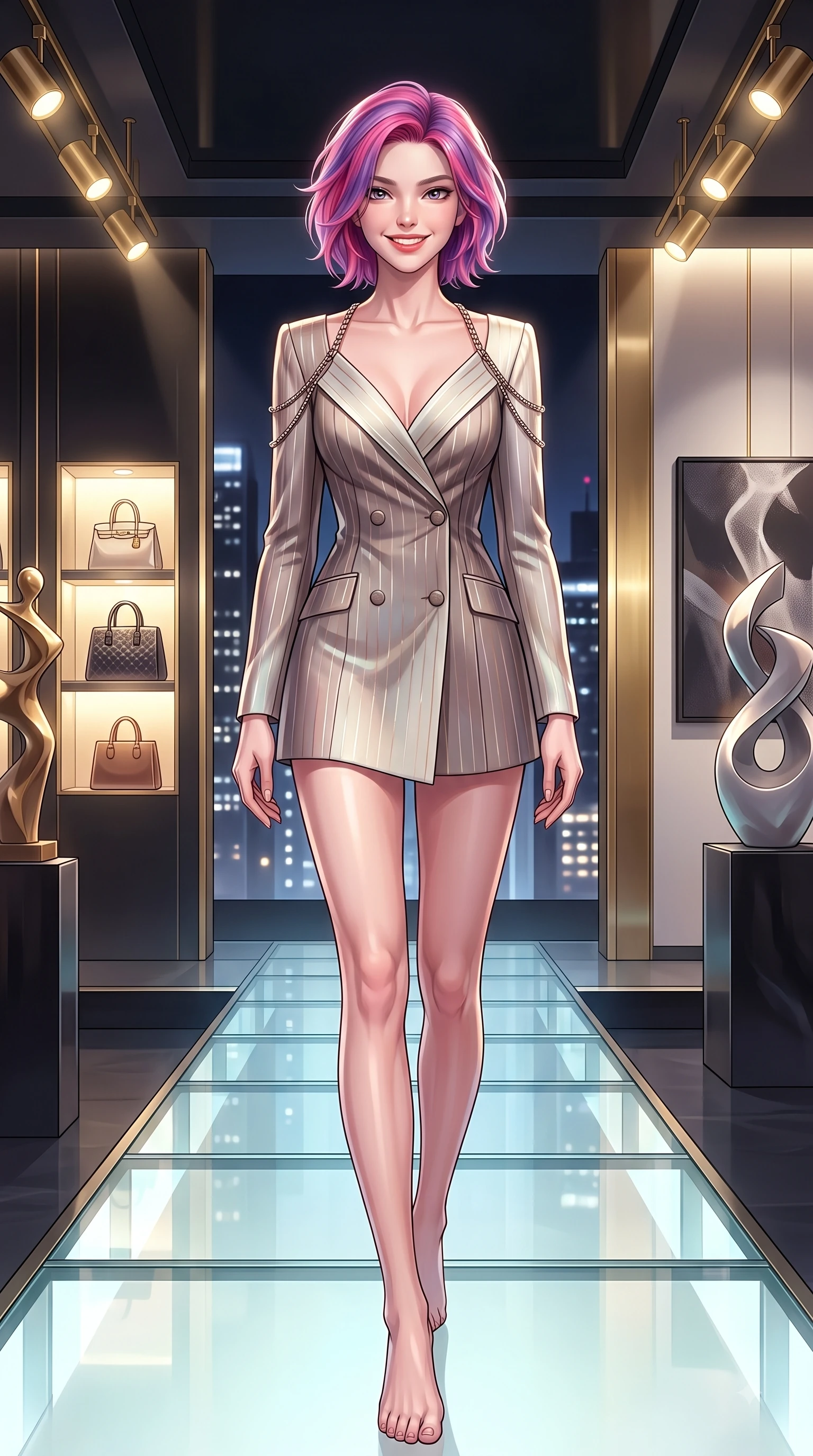 score_9, masterpiece, best quality, ultra-detailed, high-budget anime keyframe, editorial fashion photography, tasteful artistic composition, Caucasian woman. low angle full-body shot from head to toe showing her feet, filling the entire 9:16 vertical frame with her statuesque presence, stretching her vertical silhouette. stepping forward in a proud dynamic stride with a cheerful beaming smile, her vertical silhouette filling the frame while walking down an illuminated glass runway under sleek fashion spotlights, designer handbag displays and modern art sculptures framing the opulent interior. She has an absolutely perfect, statuesque 8.5-heads proportion, an exceptionally tall and slender model-like female figure with impossibly long slender legs and an ultra-slim waist. sharp v-shaped jawline, high-bridge nose, intricate jewel-like eyes with depth, thick eyelashes, glossy lips with a natural sheen, flawlessly proportioned anatomical accuracy, natural body alignment, perfectly sculpted elegant limbs, clean dynamic posture without body distortion. wearing a double-breasted blazer dress with subtle metallic pin-stripes in muted taupe and soft ivory, crafted from iridescent chiffon that shifts colors in the light, adorned with delicate metallic chain straps along the neckline, the form-contouring material highlighting her ultra-slim waist and long lines. bathed in dramatic high-contrast urban night lights and sleek golden spotlights. highly saturated vibrant anime colors, detailed shading with soft gradients, rich glossy textures, high-contrast stereoscopic depth, volumetric dynamic lighting, master piece, 9:16 ratio