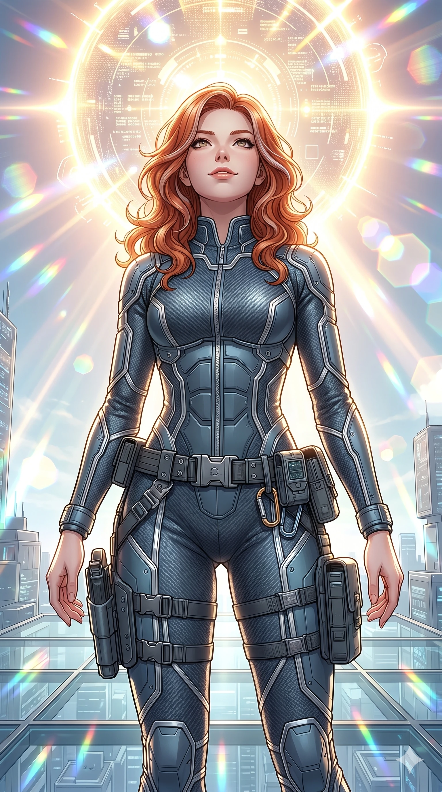 score_9, masterpiece, best quality, ultra-detailed, high-budget anime keyframe, Caucasian woman, strictly human ears. Upper body close-up from the thighs up, character filling the screen for maximum presence. Standing on a glass platform under a digital sun, looking up at the sun with a determined, confident look. She is wearing a tailored tech-jumpsuit with reflective silver piping and a utility belt. The scene is drenched in blindingly bright solar rays and sharp lens flares. 2k, ultra detail, master piece, 9:16 ratio