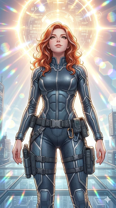 score_9, masterpiece, best quality, ultra-detailed, high-budget anime keyframe, Caucasian woman, strictly human ears. Upper body close-up from the thighs up, character filling the screen for maximum presence. Standing on a glass platform under a digi