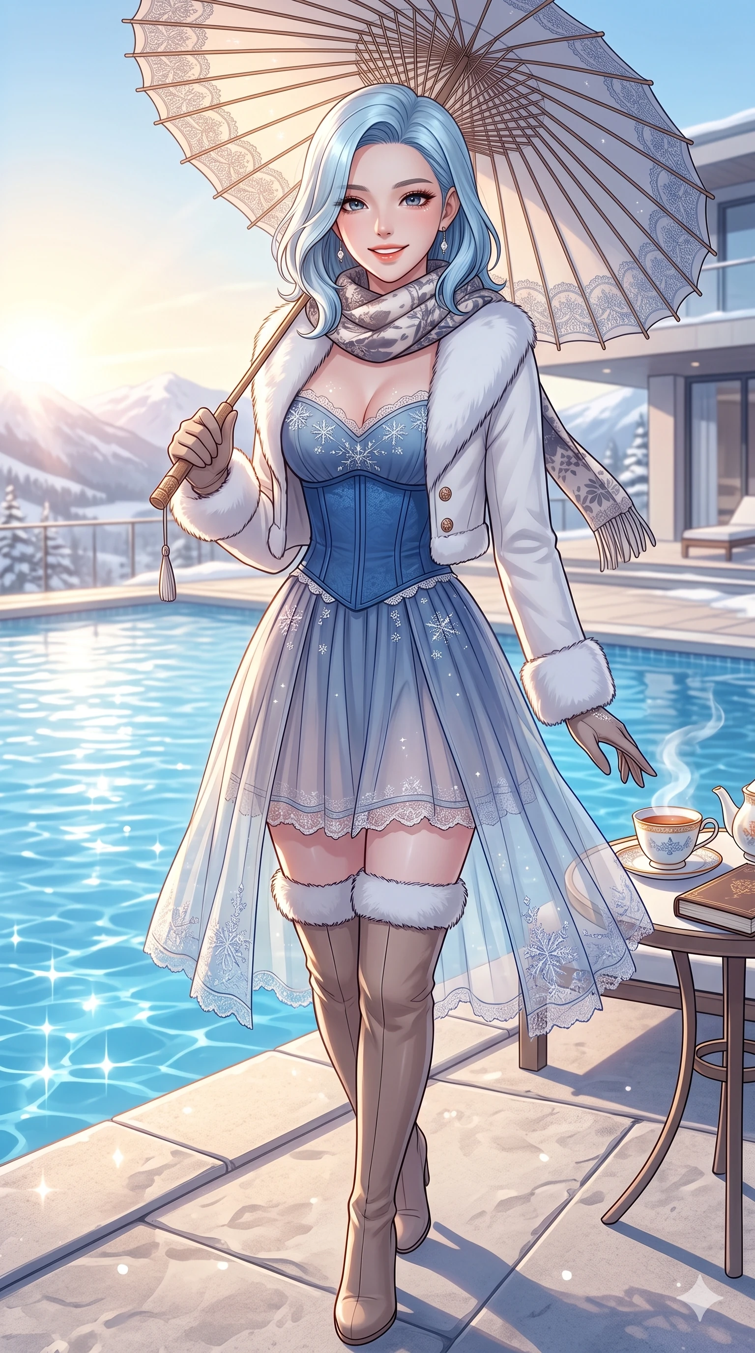 score_9, masterpiece, best quality, ultra-detailed, high-budget anime keyframe, vibrant anime aesthetic, Korean woman. cowboy shot from the thighs up, character and outfit filling the frame for maximum presence. She is holding a parasol with a bright, charming winter smile, looking directly at the lens by a private resort pool under bright winter afternoon sun (Code-P21-163). She has an absolutely perfect 8-heads proportion, an exceptionally tall and slender female figure with impossibly long slender legs and an ultra-slim waist. V-shaped jawline, high-bridge nose, intricate jewel-like eyes with depth, thick eyelashes, glossy lips with a natural sheen. wearing a sheer chiffon dress with a blue corset bodice in winter. She is bathed in soft, radiant golden hour sun casting long, elegant shadows around her. 2k, ultra detail, master piece, 9:16 ratio