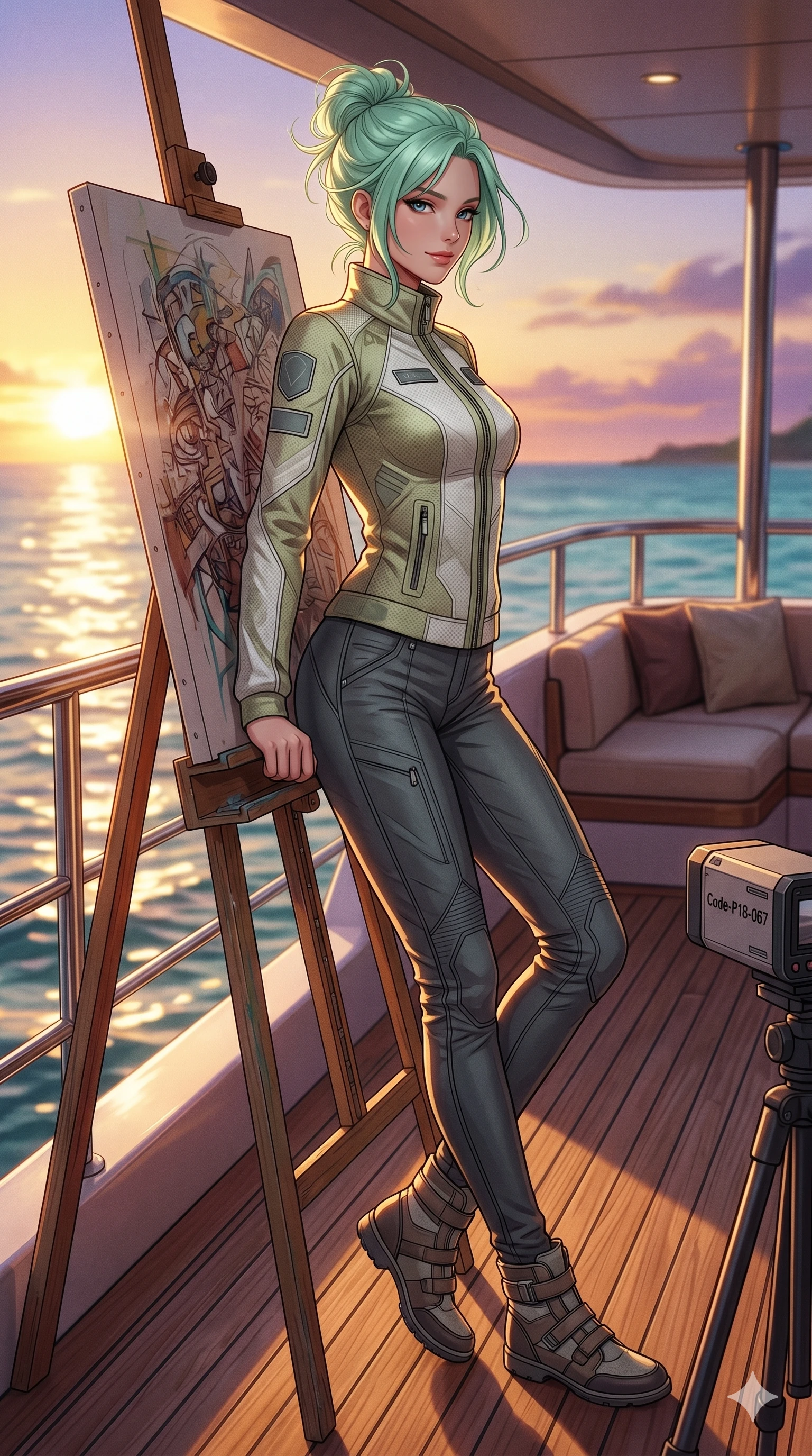 score_9, masterpiece, best quality, ultra-detailed, high-budget anime keyframe, editorial fashion photography, tasteful artistic composition, Japanese woman. cowboy shot from the thighs up, character and outfit filling the frame for maximum editorial presence. leaning against an easel, looking over her shoulder with a magnetic half-smile on a private yacht deck at sunset with a warm tropical sea breeze (Code-P18-067). She has an absolutely perfect 8-heads proportion, an exceptionally tall and slender female figure with impossibly long slender legs and an ultra-slim waist. V-shaped jawline, high-bridge nose, intricate jewel-like eyes with depth, thick eyelashes, glossy lips with a natural sheen. wearing a high-neck long-sleeved flight jacket over trousers. warm afternoon sunbeams reflecting off the water ripples, tracing her athletic build. 2k, ultra detail, master piece, 9:16 ratio