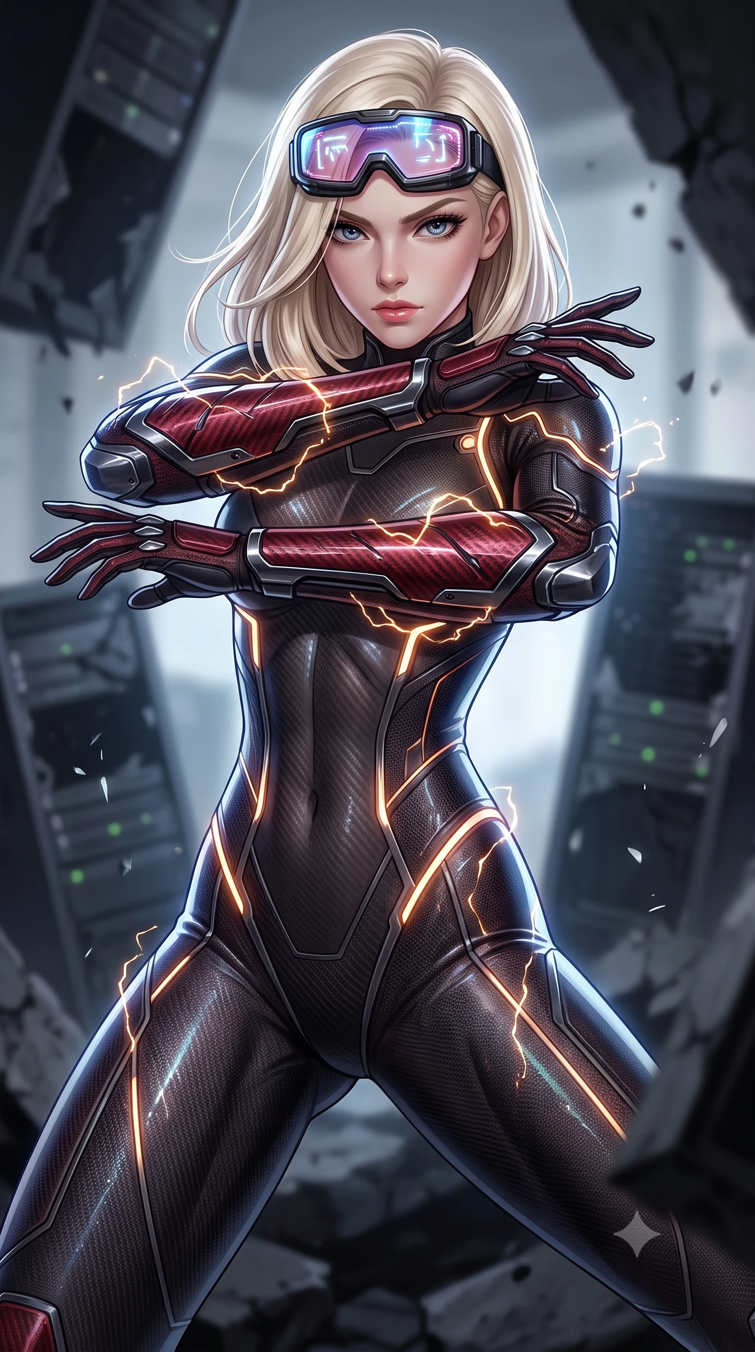 score_9, masterpiece, best quality, ultra-detailed, high-budget anime keyframe, semi-realistic 3D game render, editorial fashion photography, tasteful artistic composition, Caucasian woman. close-up cowboy shot from the waist and thighs up, the character dominates the composition, filling the frame with her large presence. shifting into a low cat-stance with arms crossed defensively, glowing energy conduits tracing her ultra-slim waist and sculpted clavicle while arching her spine in a fluid zero-gravity recovery leap with arms outstretched as electrical sparks dance across her armor. The composition keeps background elements in soft focus with creamy bokeh. shattered server towers and blackened concrete slabs softened in smooth atmospheric depth of field. She has an exceptionally elegant, slender, and willowy female figure with an ultra-slim waist, a gracefully sculpted slender torso, toned flat midriff, and a refined slim silhouette. sharp v-shaped jawline, high-bridge nose, intricate jewel-like eyes with depth, thick eyelashes, glossy lips with a natural sheen, fierce and resolute heroine expression, flawlessly proportioned anatomical accuracy, strict slender model proportions, natural body alignment, perfectly sculpted long slender limbs, ultra-slim waistline, clean dynamic posture without body distortion. wearing high-tech holographic tactical goggles resting tipped up on her forehead, casting glowing neon runes across her brow without obscuring her features, paired with a skin-tight dark carbon-weave combat bodysuit with glowing neon energy conduits and reinforced Damascus-pattern forearm strike guards in deep battle-scarred crimson carbon weave with specular dark chrome accents, crafted from semi-translucent cybernetic carbon-vinyl interwoven with glowing micro-filaments, accented with glowing fiber-optic telemetry conduits tracing her collarbones and hip curves, the liquid-tight tailored fabric emphasizing every curve of her tall, slender model proportions and sculptured silhouette during dynamic movement. illuminated by crisp directional rim lights sharply defining her ultra-slim waist, long legs, and flat midriff. rich saturated anime colors with glowing neon highlights, detailed shading with soft gradients, rich glossy textures, high-contrast stereoscopic depth, volumetric dynamic lighting, master piece, 9:16 ratio
