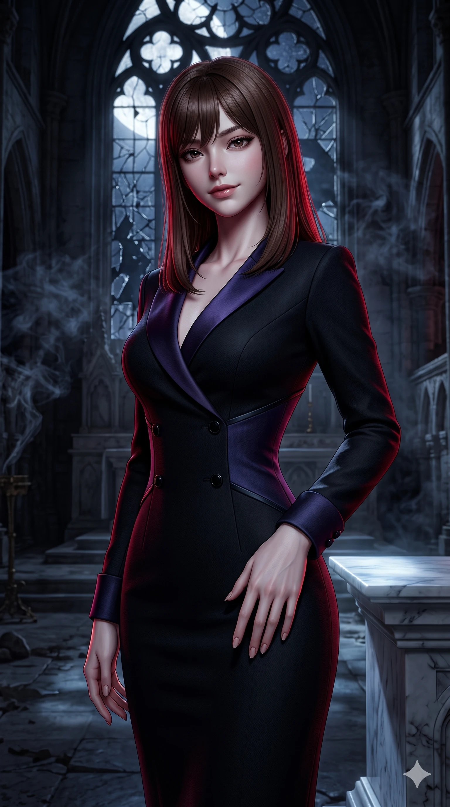 score_9, masterpiece, best quality, ultra-detailed, high-budget anime keyframe, semi-realistic 3D game render, editorial fashion photography, tasteful artistic composition, Korean woman. close-up cowboy shot from the waist and thighs up, the character dominates the composition, filling the frame with her large presence. tilting her head with a teasing half-smile, running one hand slowly down the side of her hip in a flirtatious S-curve while standing before a shattered dark stained-glass window in a midnight gothic cathedral, dark smoke clouds from black incense drifting through cold air. The background shows a soft-focus ancient ruined European cathedral softened in gothic nocturnal shallow focus. She has an exceptionally elegant, slender, and willowy female figure with an ultra-slim waist, flat toned midriff, narrow ribcage, and sculpted feminine hips creating an alluring, slim hourglass silhouette without bulk. sharp v-shaped jawline, high-bridge nose, intricate jewel-like dark sparkling eyes with hypnotic seductive depth, thick curled eyelashes, glossy parted lips with a natural wine sheen, alluring bedroom-eyes with an enigmatic smoldering smile, exuding magnetic sovereign charisma and dark avant-garde glamour, flawlessly proportioned anatomical accuracy, strict slender model proportions, natural body alignment, perfectly sculpted long slender limbs, ultra-slim waistline, clean dynamic posture without body distortion. wearing a tailored onyx black tux dress with silk lapels and fitted waist in iridescent dark violet taffeta and midnight indigo, woven from bespoke high-density barathea wool with refined ceremonial hold, adorned with minimalist black onyx hardware framing the silhouette, accentuating her gracefully sculpted slender torso and statuesque proportions. illuminated by moonlit altar marble bounce and sharp blood-ruby rim lights sculpting her razor-sharp jawline, narrow waist, and curvy hips. highly saturated vibrant anime colors, detailed shading with soft gradients, rich glossy textures, high-contrast stereoscopic depth, volumetric dynamic lighting, master piece, 9:16 ratio