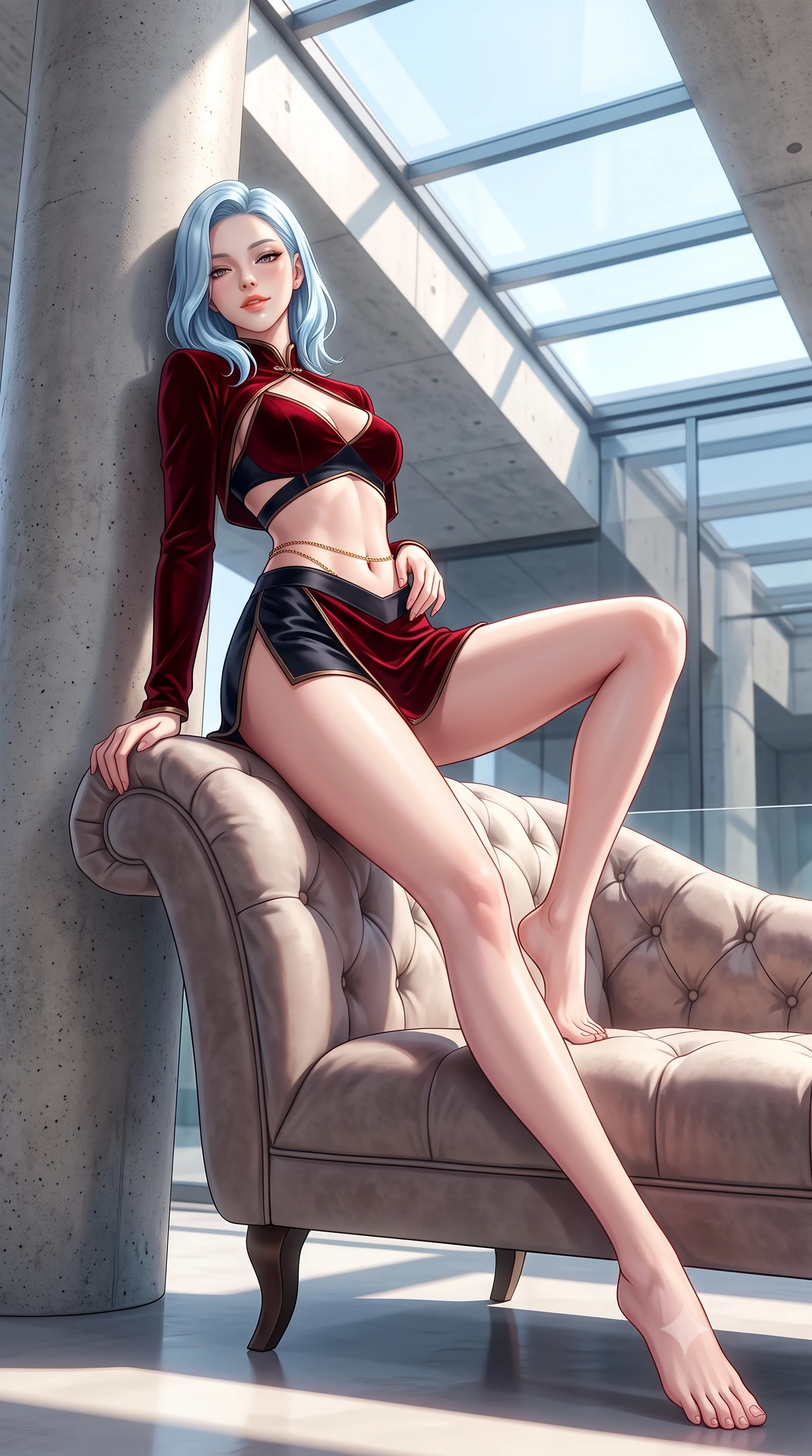 score_9, masterpiece, best quality, ultra-detailed, high-budget anime keyframe, semi-realistic 3D game render, editorial fashion photography, tasteful artistic composition, Korean woman. low angle full-body shot from head to toe showing her feet, filling the entire 9:16 vertical frame with her statuesque presence, stretching her vertical silhouette. reclining gracefully across the plush chaise lounge with one leg extended, her sculpted silhouette and flat midriff radiating magnetic nocturnal glamour while leaning against a smooth concrete architectural pillar with hips cocked back, casting an intoxicating, heavy-lidded high-fashion gaze. The surrounding environment is rendered in vivid detail and crisp panoramic clarity: detailed architectural dress cutout lines, glossy lip sheen, and Swiss contemporary architecture in razor-sharp precision. She has an absolutely perfect, statuesque 8.5-heads proportion, an exceptionally tall and slender model-like female figure with impossibly long slender legs, an ultra-slim waist, a flat toned midriff, narrow delicate ribcage, and beautifully sculpted feminine hips creating a graceful, slim hourglass silhouette without any bulky heaviness. sharp v-shaped jawline, high-bridge nose, sparkling eyes with hypnotic seductive depth, thick curled eyelashes, glossy parted lips with a natural dewy peach sheen, alluring bedroom-eyes with an enchanting coquettish smile, exuding magnetic siren charisma and sophisticated glamour, flawlessly proportioned anatomical accuracy, strict slender model proportions, natural body alignment, perfectly sculpted long slender limbs, ultra-slim waistline, clean dynamic posture without body distortion. wearing a modern two-piece vampire siren set featuring an open-front velvet bolero and curve-hugging satin hot-pants in deep blood-red velvet and midnight obsidian black with antique bronze trims, tailored from fine structural neoprene with crisp architectural edges and smooth contouring, accented with a dainty gold belly chain resting across her flat midriff and curving hips, the high-slit wrap tailoring accentuating her ultra-slim waistline and the enchanting curve of her feminine hips with alluring seductive charm. bathed in intense crisp neutral 5500K daylight flooding directly down from the overhead glass skylight. highly saturated vibrant anime colors, detailed shading with soft gradients, rich glossy textures, high-contrast stereoscopic depth, volumetric dynamic lighting, master piece, 9:16 ratio