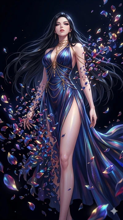 score_9, masterpiece, best quality, ultra-detailed, High-budget Anime Keyframe, East Asian woman. Low angle cowboy shot filling the entire 9:16 frame with her statuesque presence. Scenario 31: Dissolving into a cloud of iridescent silk petals in a vo