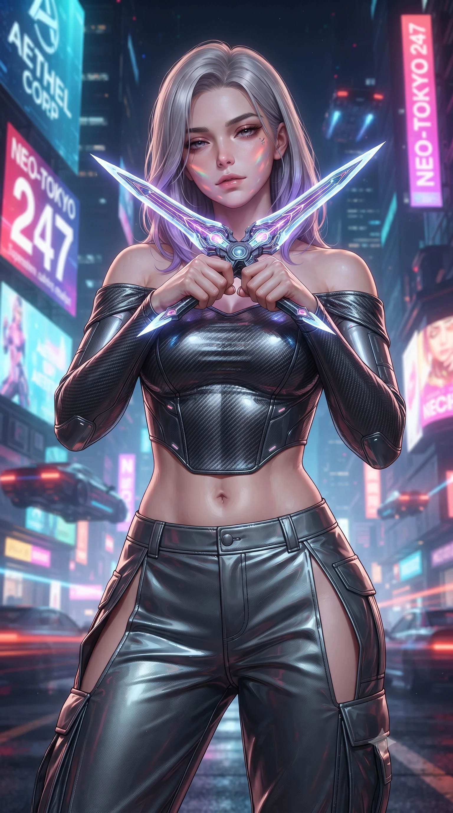 score_9, masterpiece, best quality, ultra-detailed, high-budget anime keyframe, editorial fashion photography, tasteful artistic composition, Caucasian woman. close-up cowboy shot from the waist and thighs up, the character dominates the composition, filling the frame with her large presence, background elements kept in soft focus. holding two energy daggers crossed in front of her elegant collarbone, casting a heavy-lidded, sultry look, the background shows a soft-focus a bustling future metropolis street with towering holographic advertisements. She has an exceptionally elegant, slender, and willowy female figure with an ultra-slim waist, a gracefully sculpted slender torso, and a refined silhouette. sharp v-shaped jawline, high-bridge nose, intricate jewel-like eyes with depth, thick eyelashes, glossy lips with a natural sheen. wearing a form-contouring off-shoulder carbon-fiber armor top paired with high-slit tactical cargo pants, showing her delicately sculpted midriff. dynamic flashing lights from passing hover-cars casting moving shadows on her face. ultra-reflective glossy finish, specular highlights, metallic sheen, high-contrast stereoscopic depth, volumetric dynamic lighting, 2k, ultra detail, master piece, 9:16 ratio