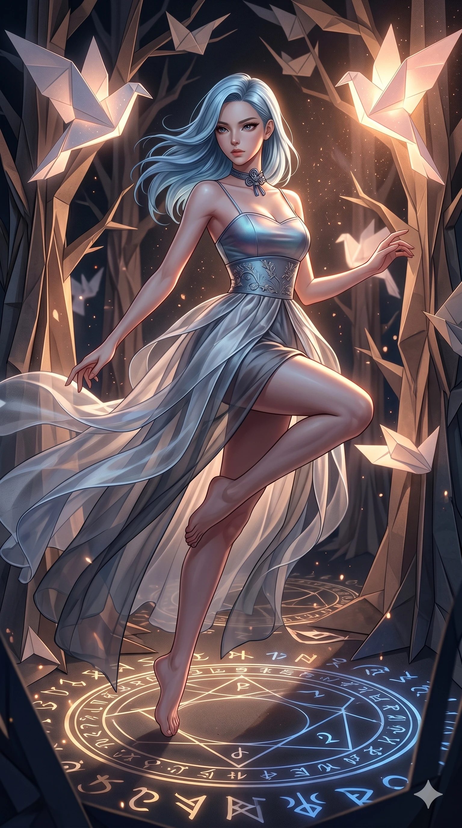 score_9, masterpiece, best quality, ultra-detailed, high-budget anime keyframe, editorial fashion photography, tasteful artistic composition, Korean woman. upper body close-up from the thighs up, character filling the screen for maximum presence. leaping through in a suspended origami forest where massive paper birds float and glow as glowing runes and symbols fade in and out on the ground. She has an absolutely perfect 8-heads proportion, an exceptionally tall and slender female figure with impossibly long slender legs and an ultra-slim waist. V-shaped jawline, high-bridge nose, intricate jewel-like eyes with depth, thick eyelashes, glossy lips with a natural sheen.. wearing a modern fusion silk hanbok dress, featuring a silk bustier top, layered sheer organza skirts, and a traditional knot choker. illuminated by dramatic chiaroscuro casting soft shadows along her curves, with vibrant backlighting highlighting the dust particles. 2k, ultra detail, master piece, 9:16 ratio