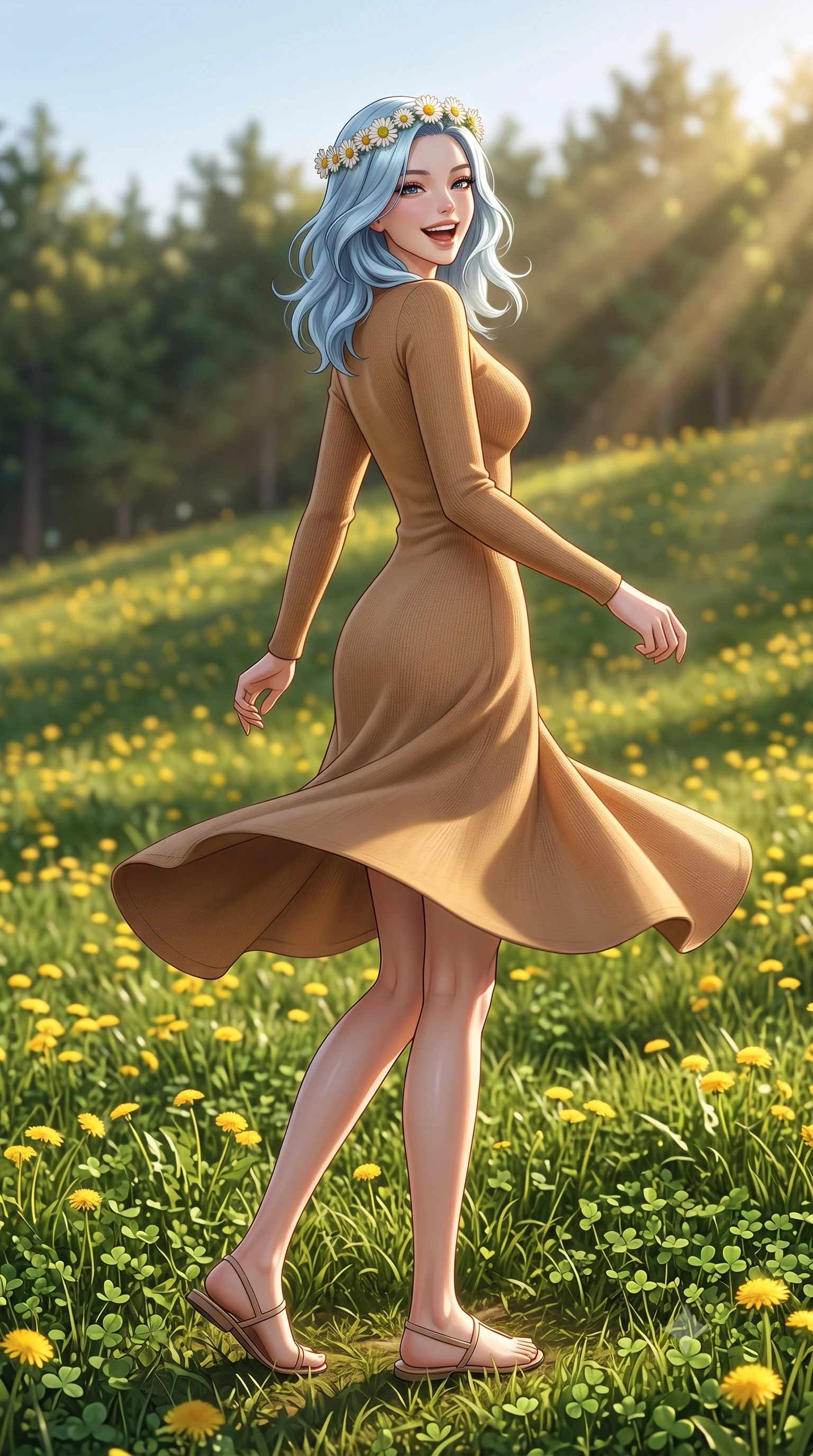 score_9, masterpiece, best quality, ultra-detailed, high-budget anime keyframe, editorial fashion photography, tasteful artistic composition, Korean woman. low angle full-body shot from head to toe showing her feet, filling the entire 9:16 vertical frame with her statuesque presence, stretching her vertical silhouette. twirling around with a playful, sensual laugh, her dress fluttering elegantly to accent her waistline set against a soft-focus background of on a grassy hill covered with yellow dandelions and fresh green clover holding a delicate crown of daisies on her head, smiling cutely. She has an absolutely perfect, statuesque 8.5-heads proportion, an exceptionally tall and slender model-like female figure with impossibly long slender legs and an ultra-slim waist. sharp v-shaped jawline, high-bridge nose, intricate jewel-like eyes with depth, thick eyelashes, glossy lips with a natural sheen. wearing tailored body-hugging long-sleeve knit dress in camel, outlining her slender silhouette. volumetric sunbeams slicing through tree edges onto the grassy meadow. ultra-reflective glossy finish, specular highlights, metallic sheen, high-contrast stereoscopic depth, volumetric dynamic lighting, 2k, ultra detail, master piece, 9:16 ratio