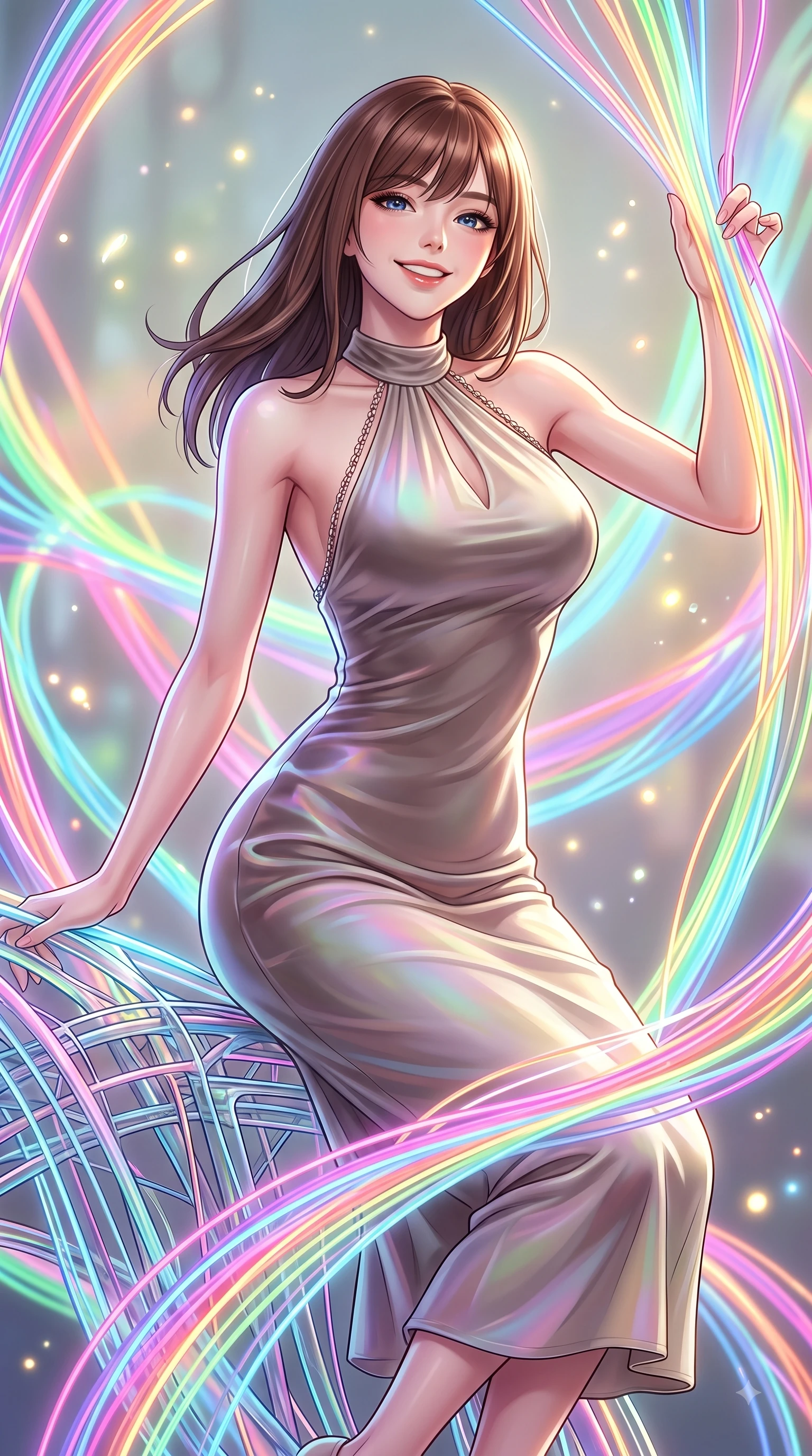 score_9, masterpiece, best quality, ultra-detailed, high-budget anime keyframe, editorial fashion photography, tasteful artistic composition, Korean woman. close-up cowboy shot from the waist and thighs up, the character dominates the composition, filling the frame with her large presence, background elements kept in soft focus. Tilting her chin up with a beaming smile of pure delight while balancing dynamically amidst the scene while weaving fluorescent rainbow fiber optic ribbons on a 3D light loom with a playful smile, glowing fiber optic motes drifting like fireflies in the cheerful background. She has an exceptionally elegant, slender, and willowy female figure with an ultra-slim waist, a gracefully sculpted slender torso, and a refined silhouette. sharp v-shaped jawline, high-bridge nose, intricate jewel-like eyes with depth, thick eyelashes, glossy lips with a natural sheen, flawlessly proportioned anatomical accuracy, natural body alignment, perfectly sculpted elegant limbs, clean dynamic posture without body distortion. wearing a velvet halter-neck midi dress following her form like a glove in muted taupe and soft ivory, crafted from iridescent chiffon that shifts colors in the light, adorned with delicate metallic chain straps along the neckline, the glove-like fit emphasizing her statuesque silhouette during motion. surrounded by a vibrant fluorescent aura with bright specular rim lights. highly saturated vibrant anime colors, detailed shading with soft gradients, rich glossy textures, high-contrast stereoscopic depth, volumetric dynamic lighting, master piece, 9:16 ratio