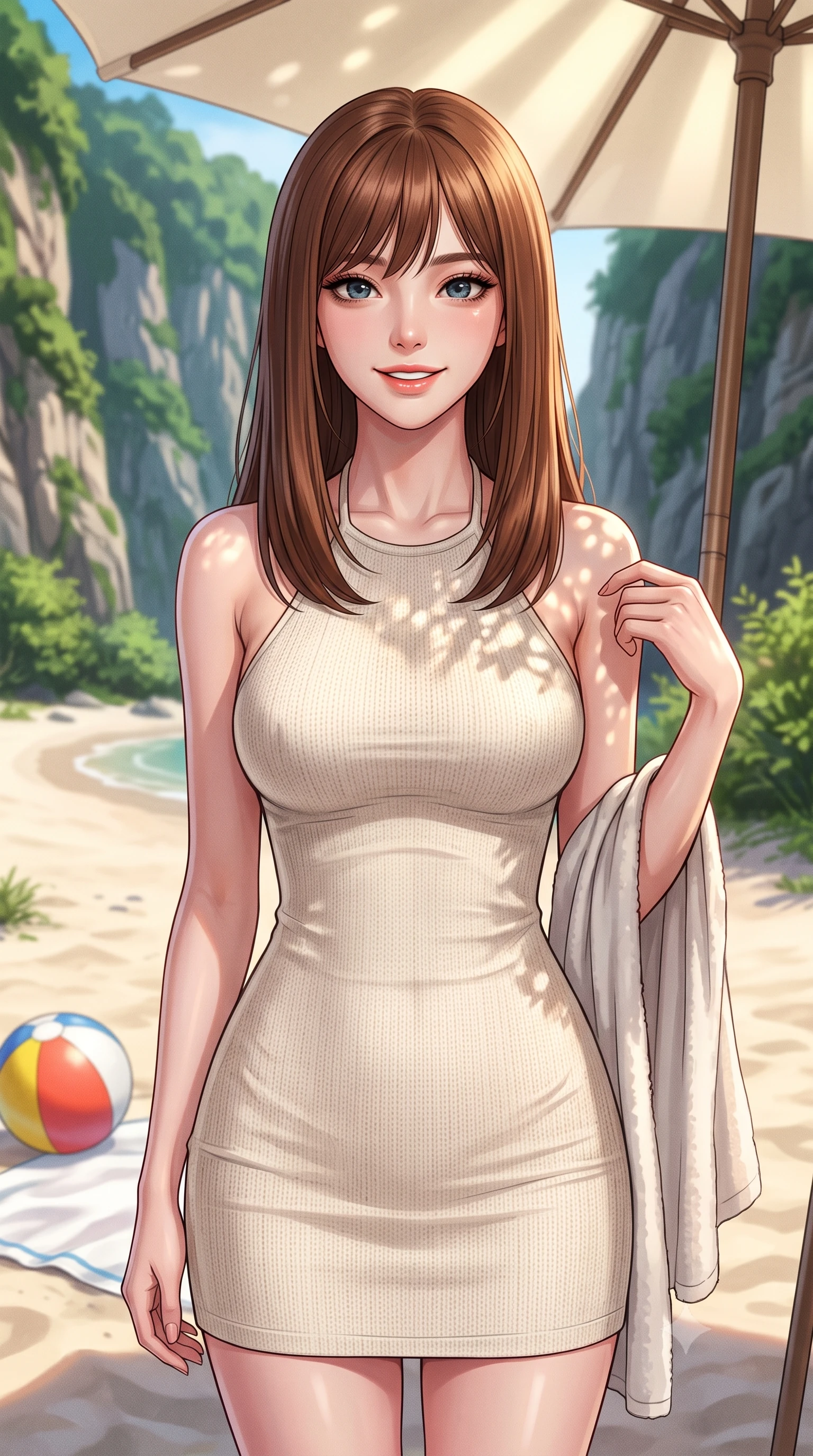 score_9, masterpiece, best quality, ultra-detailed, high-budget anime keyframe, editorial fashion photography, tasteful artistic composition, Korean woman. close-up cowboy shot from the waist and thighs up, the character dominates the composition, filling the frame with her large presence, background elements kept in soft focus. smiling with cute and bright self-assurance, looking directly at the viewer set against a soft-focus background of in a quiet sandy beach cove surrounded by tall cliffs and green shrubs with a colorful beach ball and a soft cotton towel on the sand nearby. She has an exceptionally elegant, slender, and willowy female figure with an ultra-slim waist, a gracefully sculpted slender torso, and a refined silhouette. sharp v-shaped jawline, high-bridge nose, intricate jewel-like eyes with depth, thick eyelashes, glossy lips with a natural sheen. wearing slim-fit sleek, tight-fitting knit halter dress in cream, tracing her slender silhouette. dappled sunlight filtering through a beach umbrella onto her shoulders. highly saturated vibrant anime colors, detailed shading with soft gradients, rich glossy textures, high-contrast stereoscopic depth, volumetric dynamic lighting, master piece, 9:16 ratio