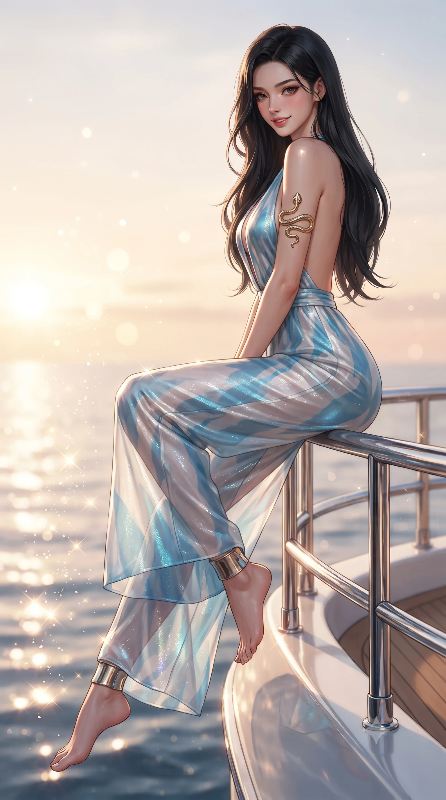 score_9, masterpiece, best quality, ultra-detailed, high-budget anime keyframe, editorial fashion photography, tasteful artistic composition, Korean woman. low angle full-body shot from head to toe showing her feet, filling the entire 9:16 vertical frame with her statuesque presence, stretching her vertical silhouette. sitting perched on the elevated ledge with hips angled toward the camera and legs crossed, displaying her toned midriff and flawlessly sculpted slender limbs while perching on the chrome stern railing of a luxury superyacht with hips angled toward the sunset, looking back over her shoulder with an intoxicating smile. The composition keeps background elements in soft focus with creamy bokeh. sunlight sparkle on ocean crests and champagne fizz scattering warm radiant light motes. She has an absolutely perfect, statuesque 8.5-heads proportion, an exceptionally tall and slender model-like female figure with impossibly long slender legs, a toned flat midriff, an ultra-slim waist, and beautifully sculpted feminine hips. sharp v-shaped jawline, high-bridge nose, intricate jewel-like eyes with depth, thick eyelashes, glossy parted lips with a natural sheen, intensely captivating and seductive bedroom-eyes expression, flawlessly proportioned anatomical accuracy, strict slender model proportions, natural body alignment, perfectly sculpted long slender limbs, ultra-slim waistline, clean dynamic posture without body distortion. wearing a plunging-V neckline resort jumpsuit with an open back and wide palazzo legs in Aegean azure blue and crisp white, crafted from weightless prism organza that refracts light with every motion, accented with a sculptured gold serpent armlet and metallic ankle cuffs, the second-skin form-contouring cut accentuating her sculpted flat midriff, narrow waistline, and dramatically curvy hips without adding bulk. illuminated by glowing specular sun glints defining her sculpted collarbones, ultra-slim waist, and curvy hips. ultra-reflective glossy finish, specular highlights, rich textural contrasts, high-contrast stereoscopic depth, volumetric dynamic lighting, 2k, ultra detail, master piece, 9:16 ratio