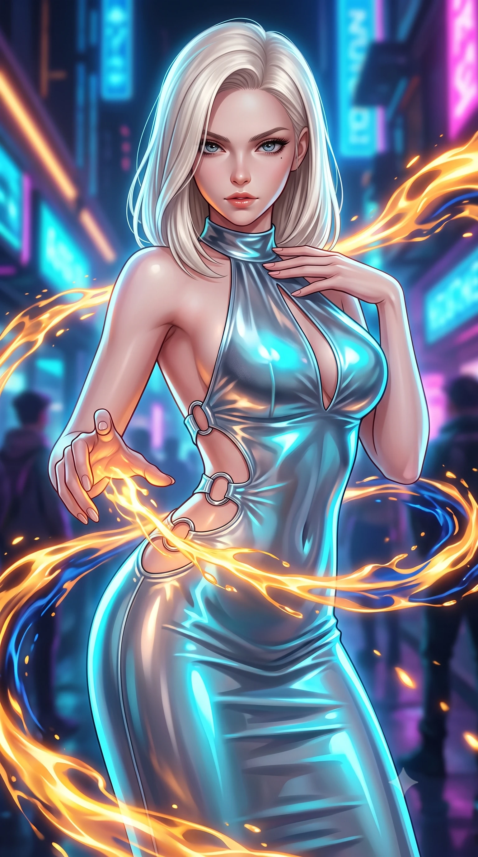 score_9, masterpiece, best quality, ultra-detailed, high-budget anime keyframe, semi-realistic 3D game render, editorial fashion photography, tasteful artistic composition, Caucasian woman. close-up cowboy shot from the waist and thighs up, the character dominates the composition, filling the frame with her large presence. leaning forward with a dangerous, enticing smolder, resting one hand near her collarbone while casting a fiery, magnetic direct gaze while reaching forward with a dangerous smolder as streams of liquid plasma wrap around her waist. The composition keeps background elements in soft focus with creamy bokeh. molten energy streams blurring smoothly into a high-energy futuristic backdrop. She has an exceptionally elegant, slender, and willowy female figure with an ultra-slim waist, a gracefully sculpted slender torso, and a refined silhouette. sharp v-shaped jawline, high-bridge nose, intricate jewel-like eyes with depth, thick eyelashes, glossy lips with a natural sheen, flawlessly proportioned anatomical accuracy, natural body alignment, perfectly sculpted elegant limbs, clean dynamic posture without body distortion. wearing a velvet halter-neck midi dress fitting her statuesque contour flawlessly with a Tasteful chest slit and open spine in liquid mercury silver and glowing electric cyan, crafted from ultra-reflective second-skin latex with a glass-like polish, detailed with polished silver rings connecting the daring side-waist cutouts, the form-contouring second-skin material highlighting her ultra-slim waist and long lines. bathed in blazing golden-orange plasma radiance and sharp electric rim lighting. highly saturated vibrant anime colors, detailed shading with soft gradients, rich glossy textures, high-contrast stereoscopic depth, volumetric dynamic lighting, master piece, 9:16 ratio