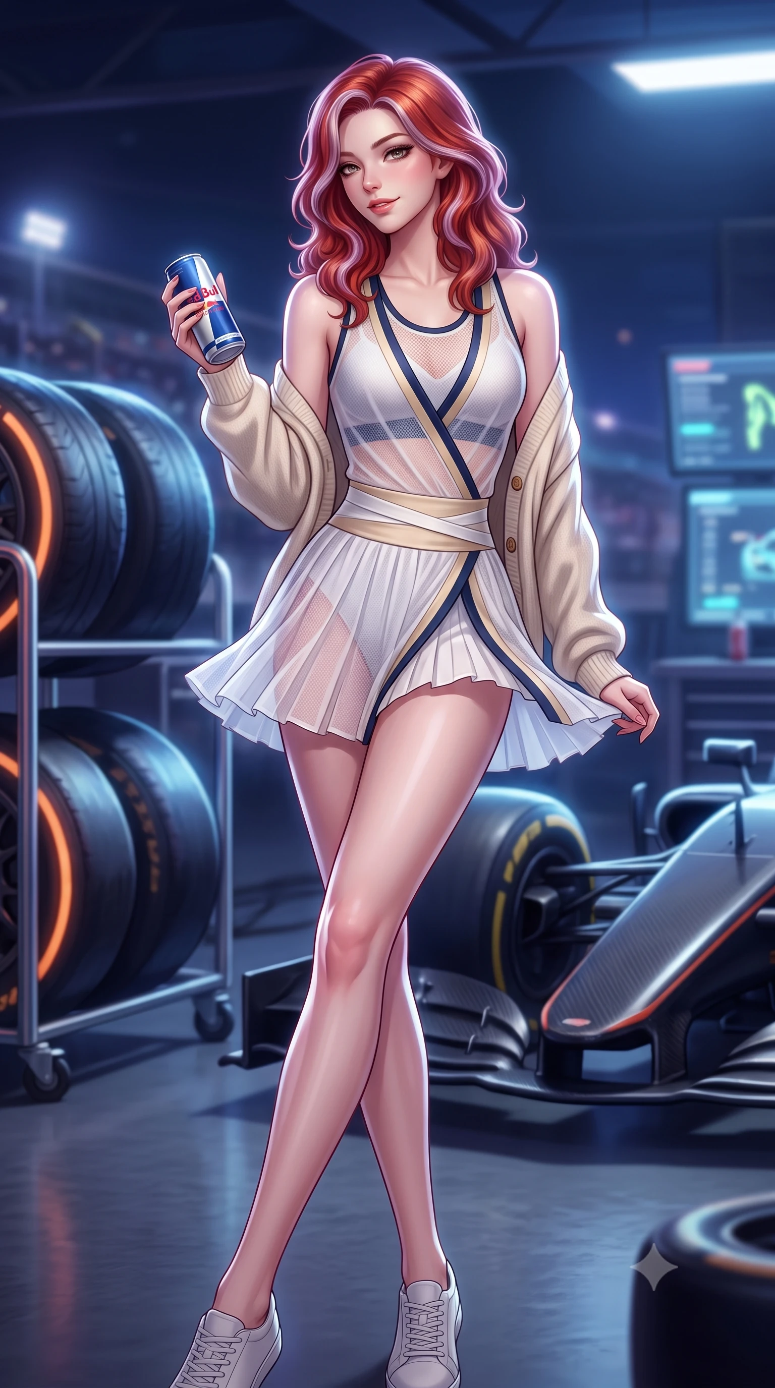 score_9, masterpiece, best quality, ultra-detailed, high-budget anime keyframe, semi-realistic 3D game render, editorial fashion photography, tasteful artistic composition, Caucasian woman. low angle full-body shot from head to toe showing her feet, filling the entire 9:16 vertical frame with her statuesque presence, stretching her vertical silhouette. executing an athletic pivot turn as her pleated tennis skirt flutters around her slender legs, glancing over her shoulder with an intoxicating, teasing bedroom-gaze while lounging in the private air-conditioned paddock suite with legs crossed, holding a chilled energy drink while flashing a dangerous, playful half-smile. The background shows a soft-focus glowing tire warming racks and high-speed carbon fiber cars softened in thrilling night-race shallow focus. She has an absolutely perfect, statuesque 8.5-heads proportion, an exceptionally tall and slender model-like female figure with impossibly long slender legs, an ultra-slim waist, a flat toned midriff, narrow delicate ribcage, and beautifully sculpted feminine hips creating a graceful, slim hourglass silhouette without any bulky heaviness. sharp v-shaped jawline, high-bridge nose, sparkling eyes with athletic focus and depth, thick curled eyelashes, glossy parted lips with a natural coral-peach sheen, bright confident and coquettish smile with alluring bedroom-eyes, exuding both youthful sporty vigor and sovereign high-society glamour, flawlessly proportioned anatomical accuracy, strict slender model proportions, natural body alignment, perfectly sculpted long slender limbs, ultra-slim waistline, clean dynamic posture without body distortion. wearing a delicate semi-sheer white mesh tennis slip dress layered over a matching sports bra, hugging her slender waist and hips in Monaco navy blue and cream champagne gold, tailored from ultra-soft fine cashmere yarn with an airy athletic drape, complemented by an oversized cashmere knit cardigan slipping off one bare shoulder, the high-waisted wrap tailoring accentuating her ultra-slim waistline and the enchanting curve of her feminine hips with alluring sporty charm. illuminated by telemetry screen bounce and sharp platinum rim lights carving her razor-sharp jawline, narrow waist, and curvy hips. highly saturated vibrant anime colors, detailed shading with soft gradients, rich glossy textures, high-contrast stereoscopic depth, volumetric dynamic lighting, master piece, 9:16 ratio
