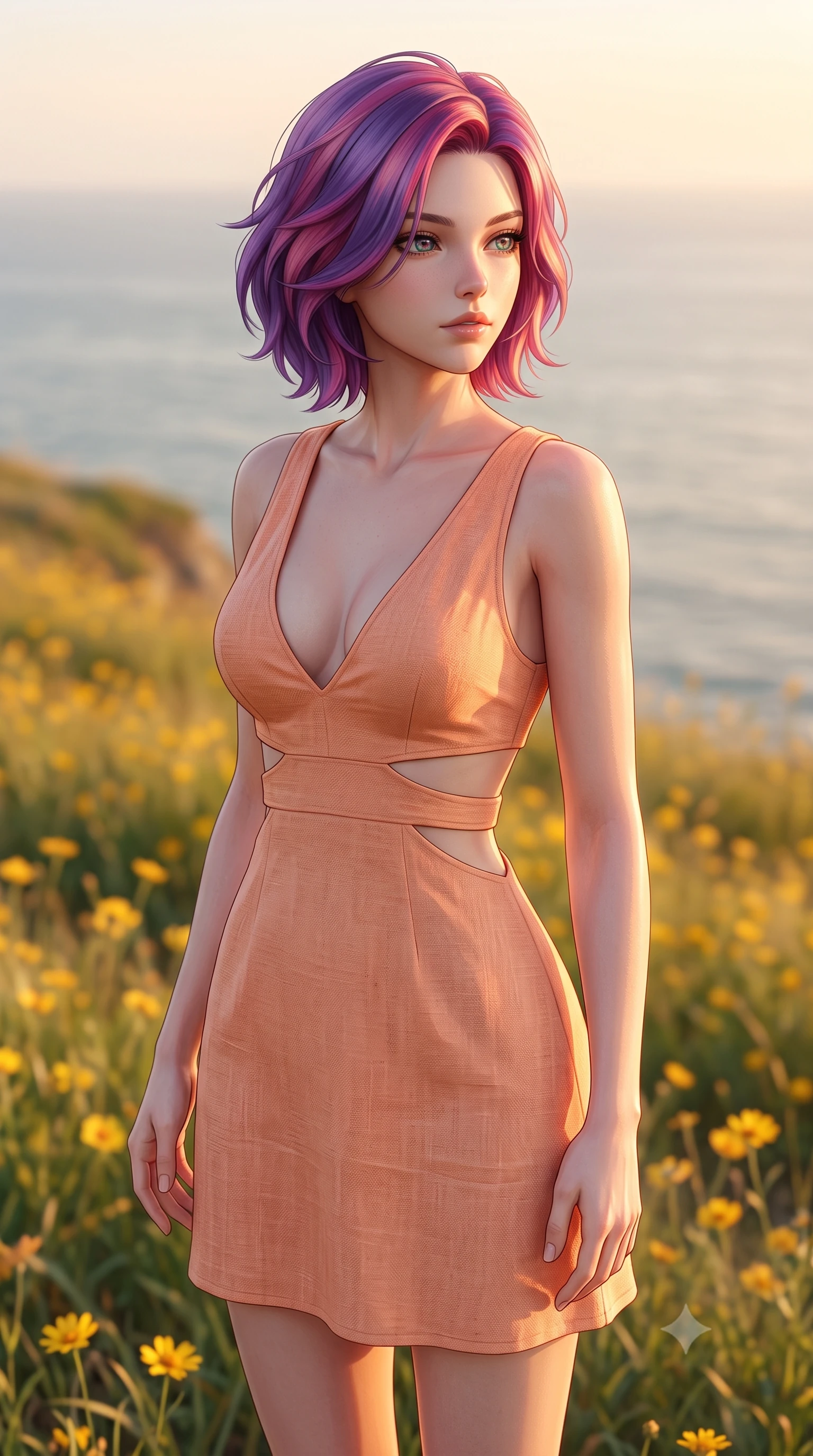 score_9, masterpiece, best quality, ultra-detailed, high-budget anime keyframe, editorial fashion photography, tasteful artistic composition, Caucasian woman woman. close-up cowboy shot from the waist and thighs up, the character dominates the composition, filling the frame with her large presence, background elements kept in soft focus. looking past the camera with a peaceful, thoughtful gaze, enjoying the warm sunlight the background shows a soft-focus a grassy field of wild yellow flowers on a cliff overlooking the ocean. She has an exceptionally elegant, slender, and willowy female figure with an ultra-slim waist, a gracefully sculpted slender torso, and a refined silhouette. sharp v-shaped jawline, high-bridge nose, intricate jewel-like eyes with depth, thick eyelashes, glossy lips with a natural sheen. wearing a tailored summer sundress with double waist cutouts and a plunging neckline in peach linen. soft golden afternoon light wrapping the landscape in warmth. 2k, ultra detail, master piece, 9:16 ratio